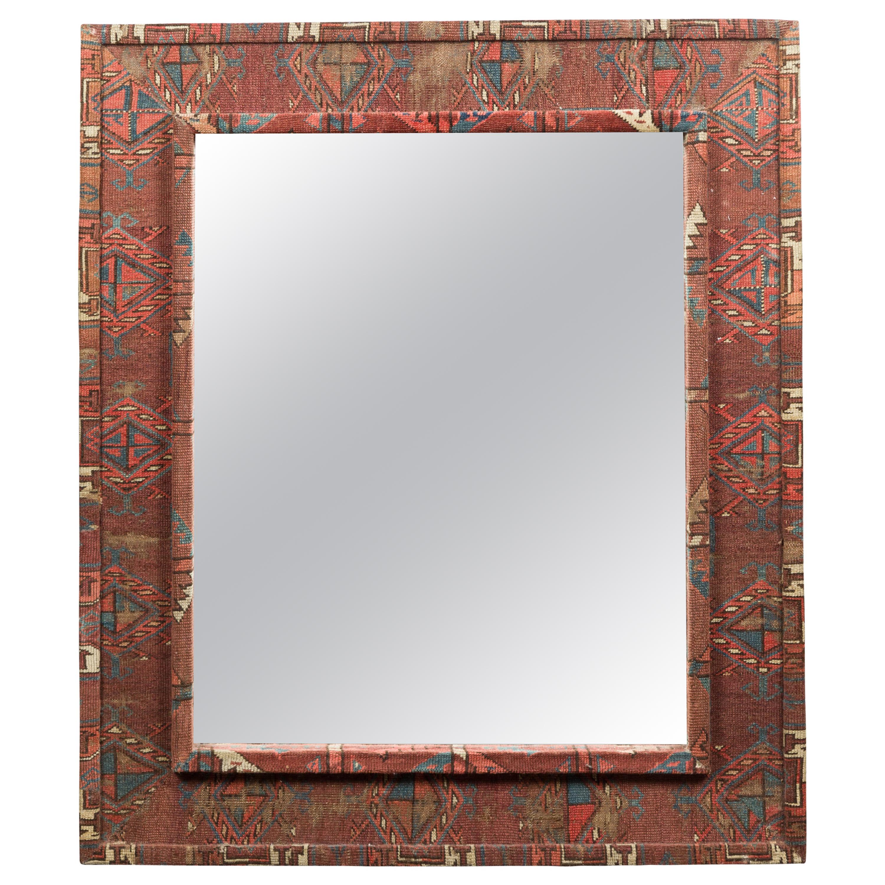 Vintage Kilim Covered Red, Blue and Beige Rectangular Mirror with Beveled Glass