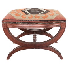 Vintage Kilim Curule Stool Carved Wood with Brass Nailhead Accent 1960s