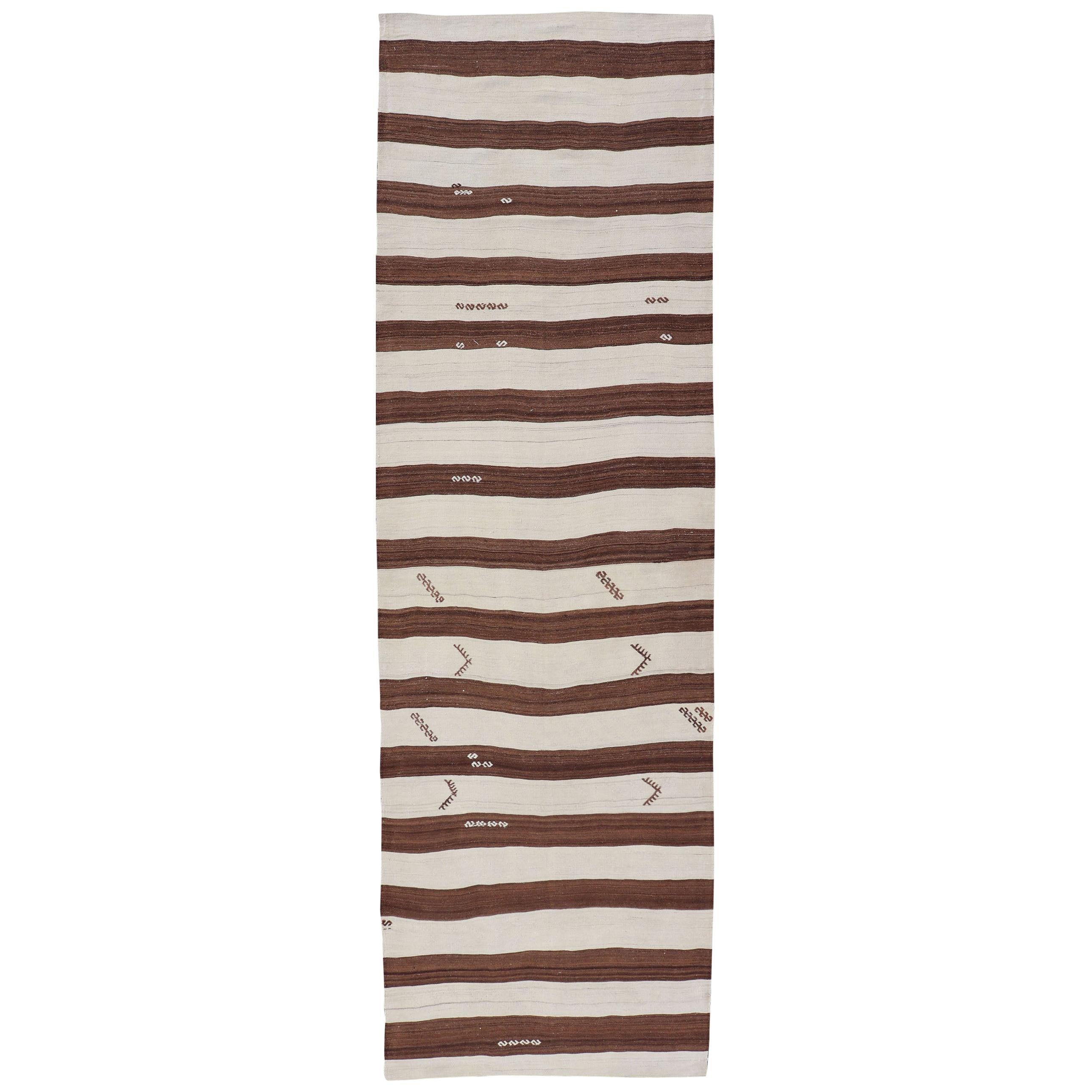 Vintage Kilim Flat-Weave Runner with Cream & Brown in Stripe Design