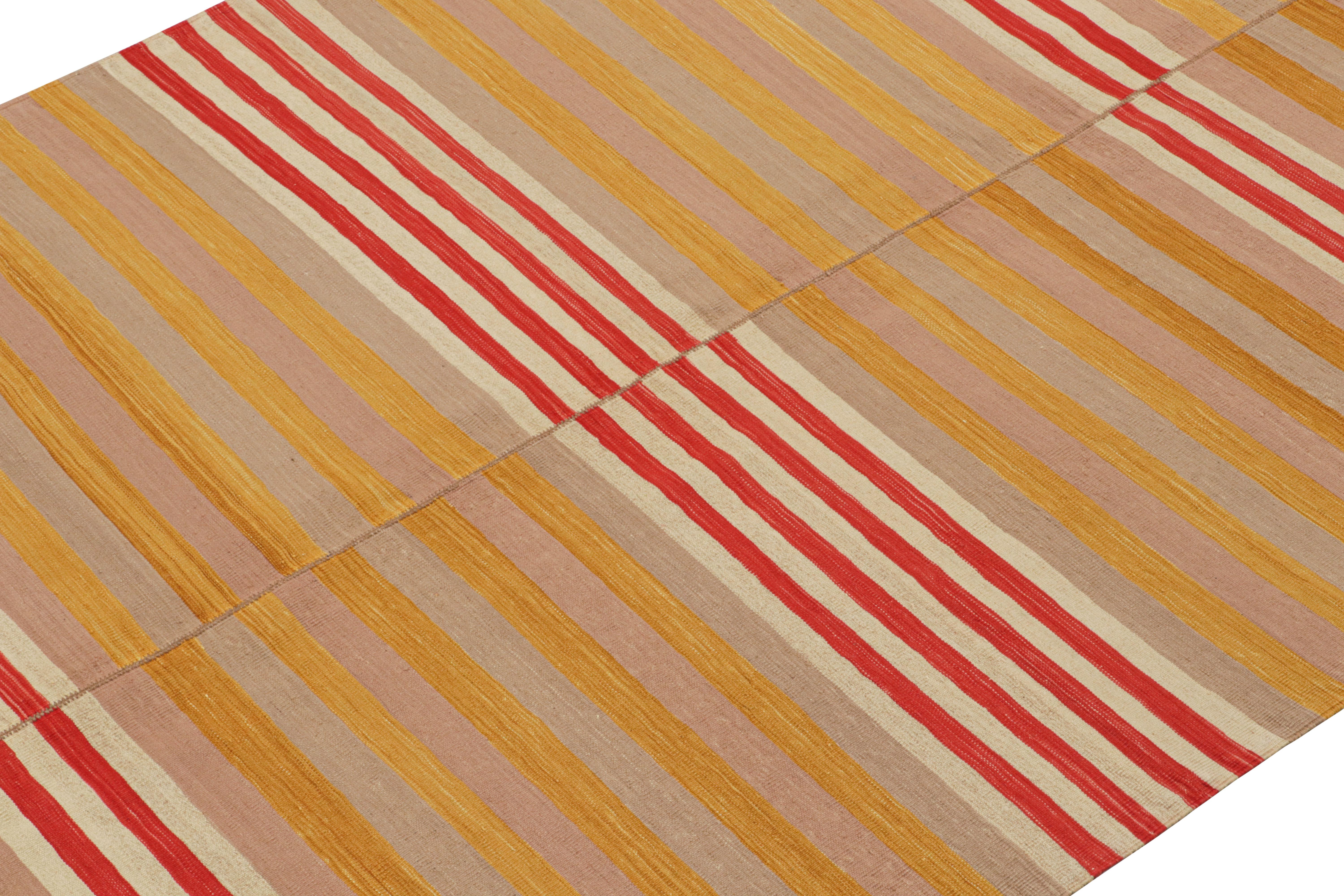Hand-Knotted Vintage Kilim in Beige, Gold and Red Stripes