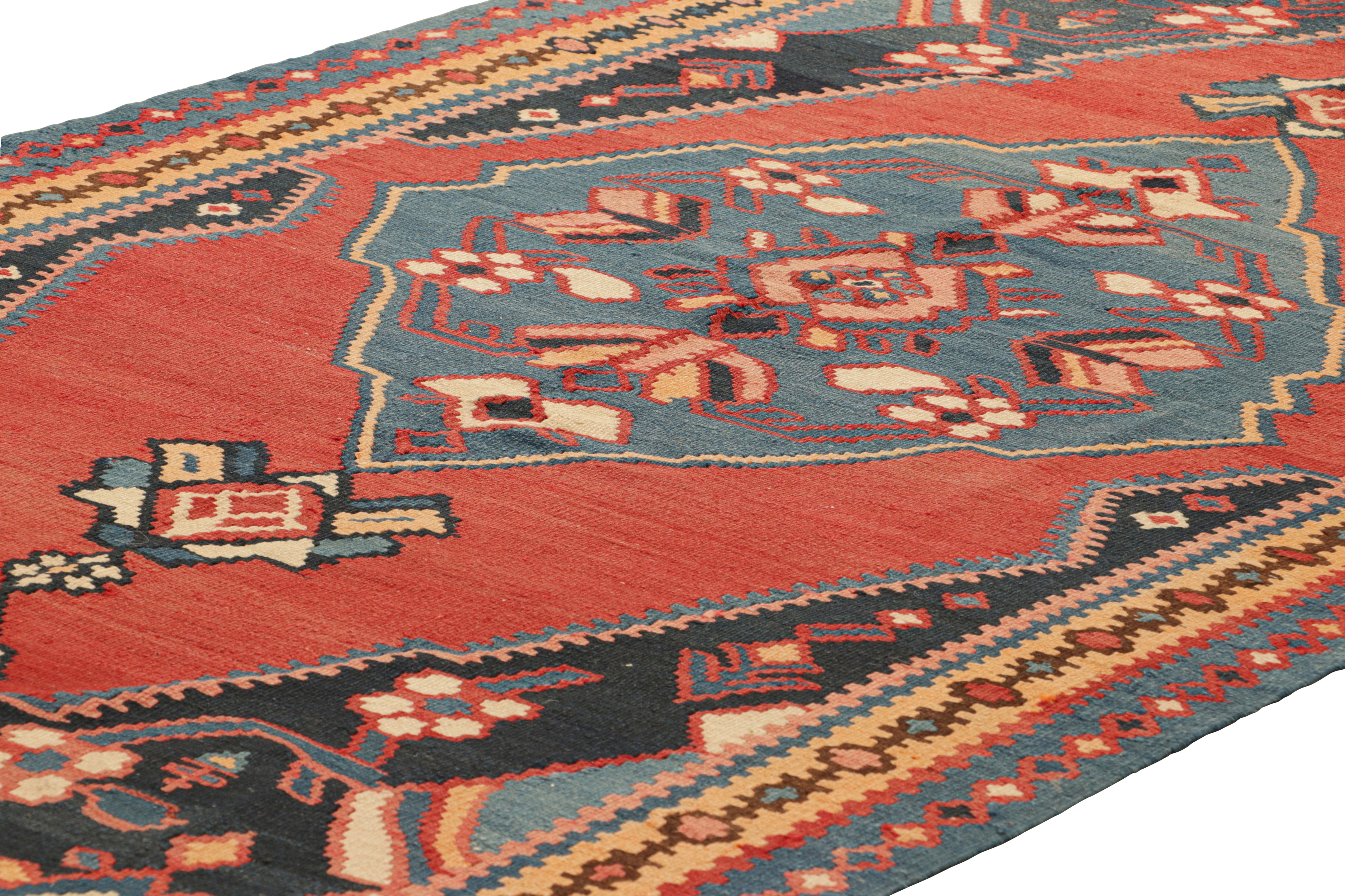 Handwoven in wool, circa 1950-1960, this 5x9 vintage Turkish kilim, is a collectible piece featuring polychromatic medallion and geometric patterns.

On the Design: 

Connoisseurs will admire this personal vintage piece meant to catch the eye, yet