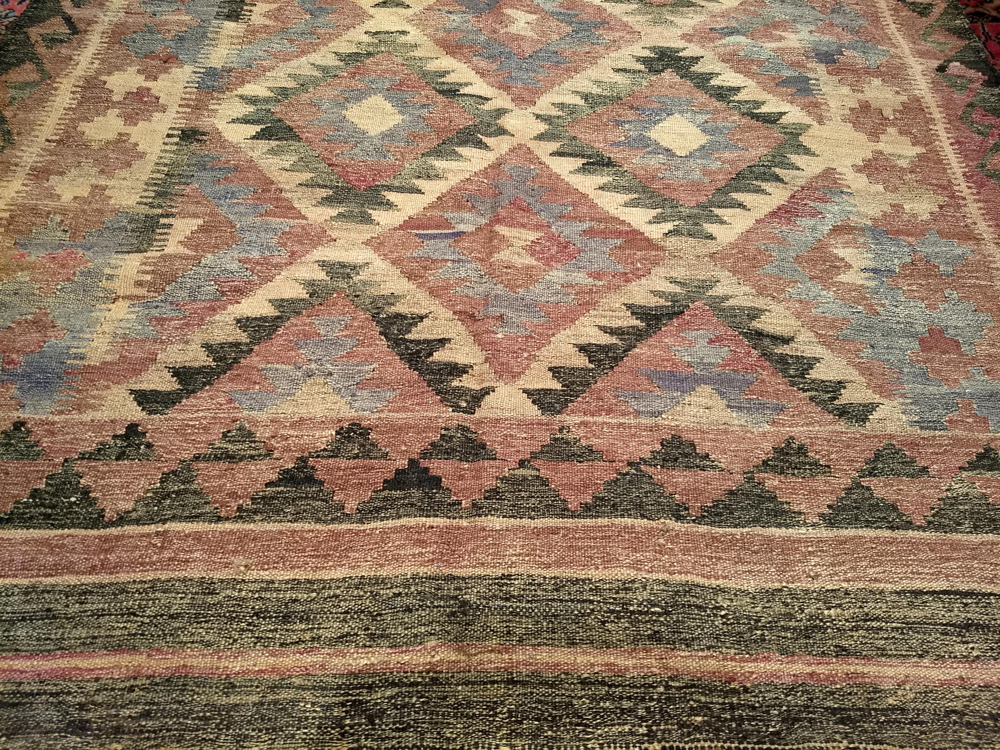 Wool Vintage Kilim in Southwestern Colors and Pattern in Lavender, Brown, Cream, Red For Sale