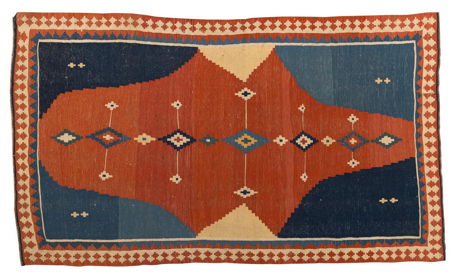 Vintage Kilim in Terracotta and Indigo Wool Flatweave Carpet siglo XX en venta