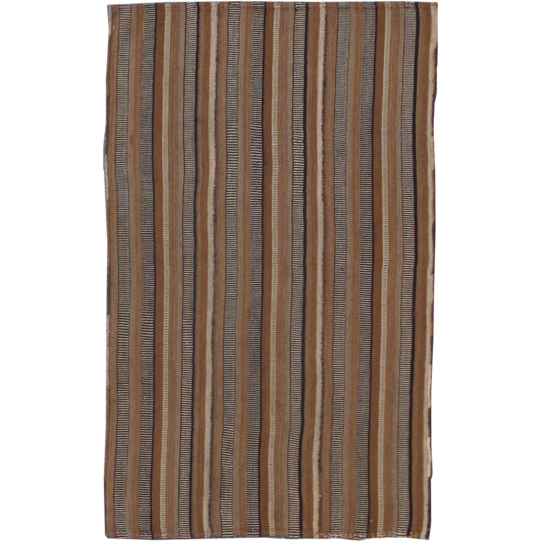  Antique Kilim in Vertical Stripes in Gray, Light Brown, Black, Ivory and Camel 