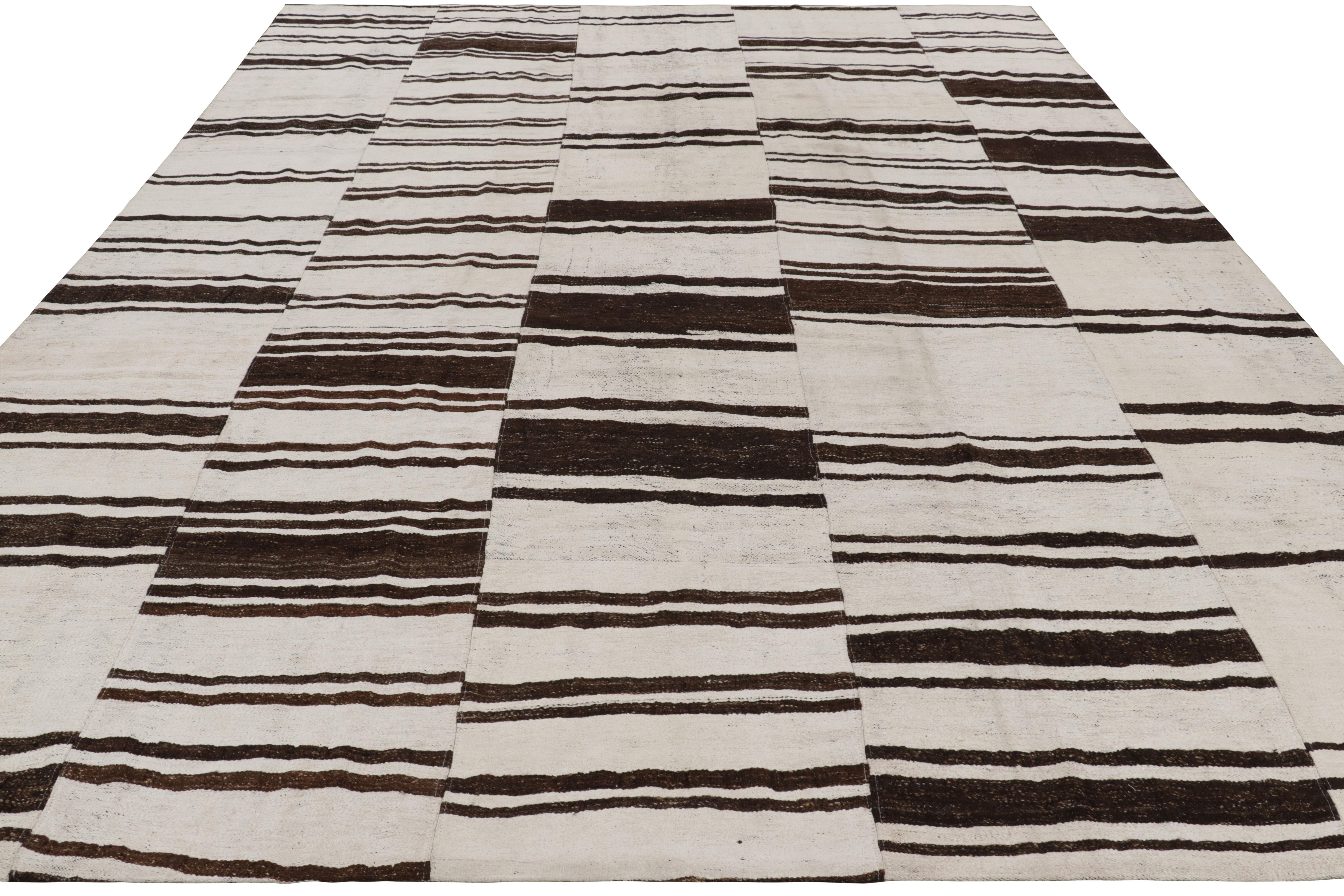 Turkish Vintage Kilim in White and Chocolate Brown Geometric Patterns - Rug & Kilim For Sale