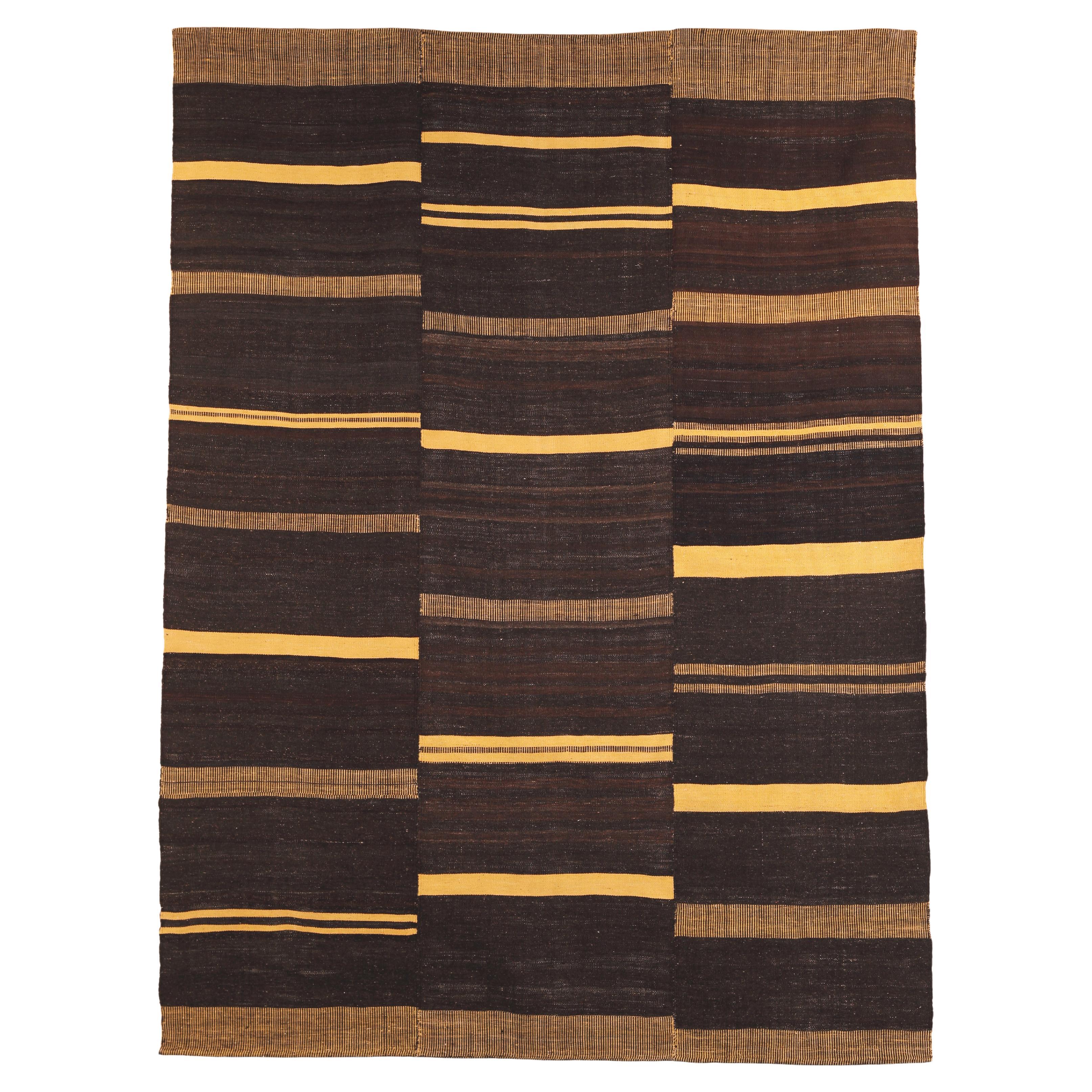 Vintage Kilim Rug – 2000s, Earthy Brown and Yellow Tones Bauhaus Inspired