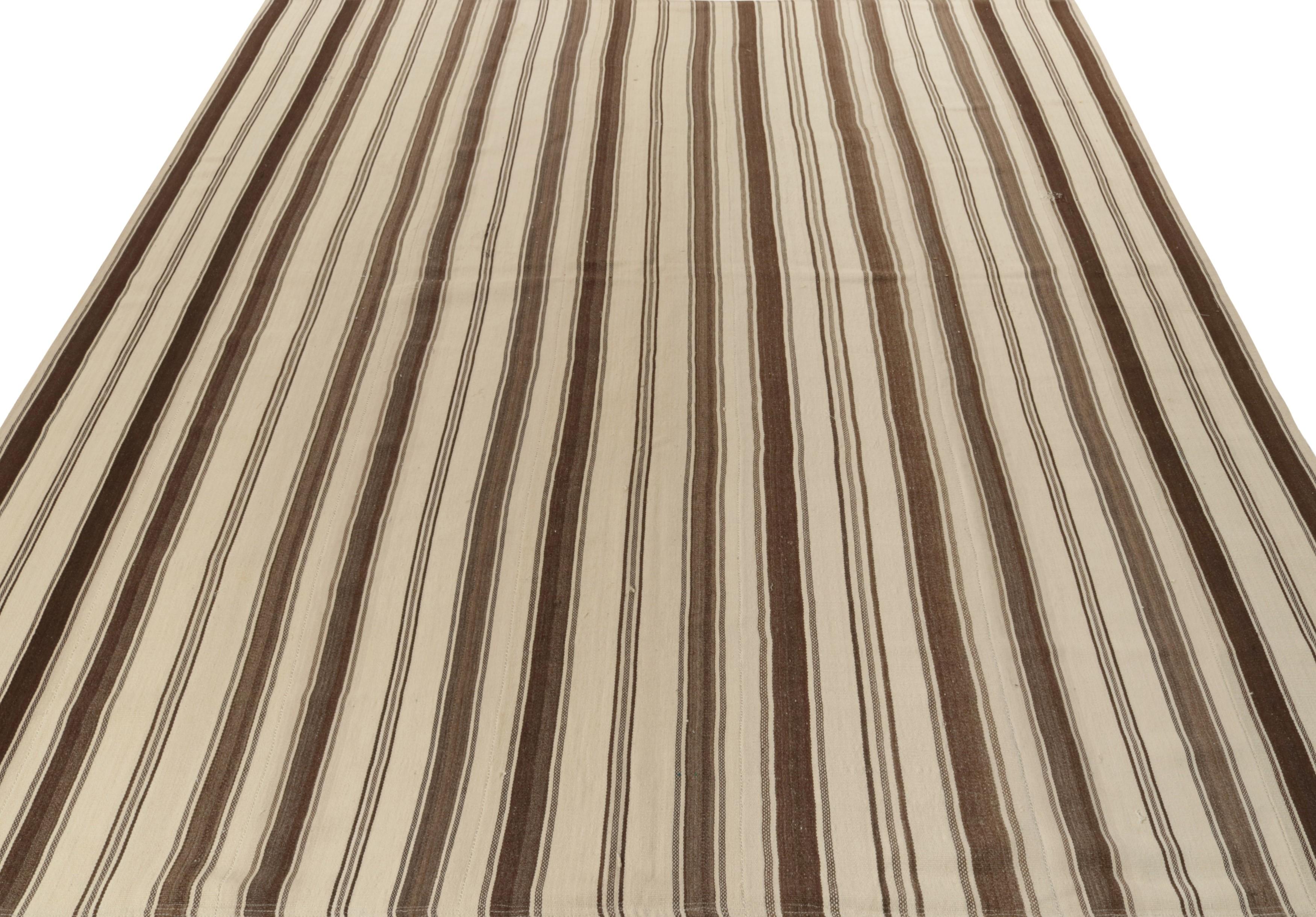 Turkish Vintage Kilim Rug in Beige, Brown Paneled Style, Striped Pattern by Rug & Kilim For Sale
