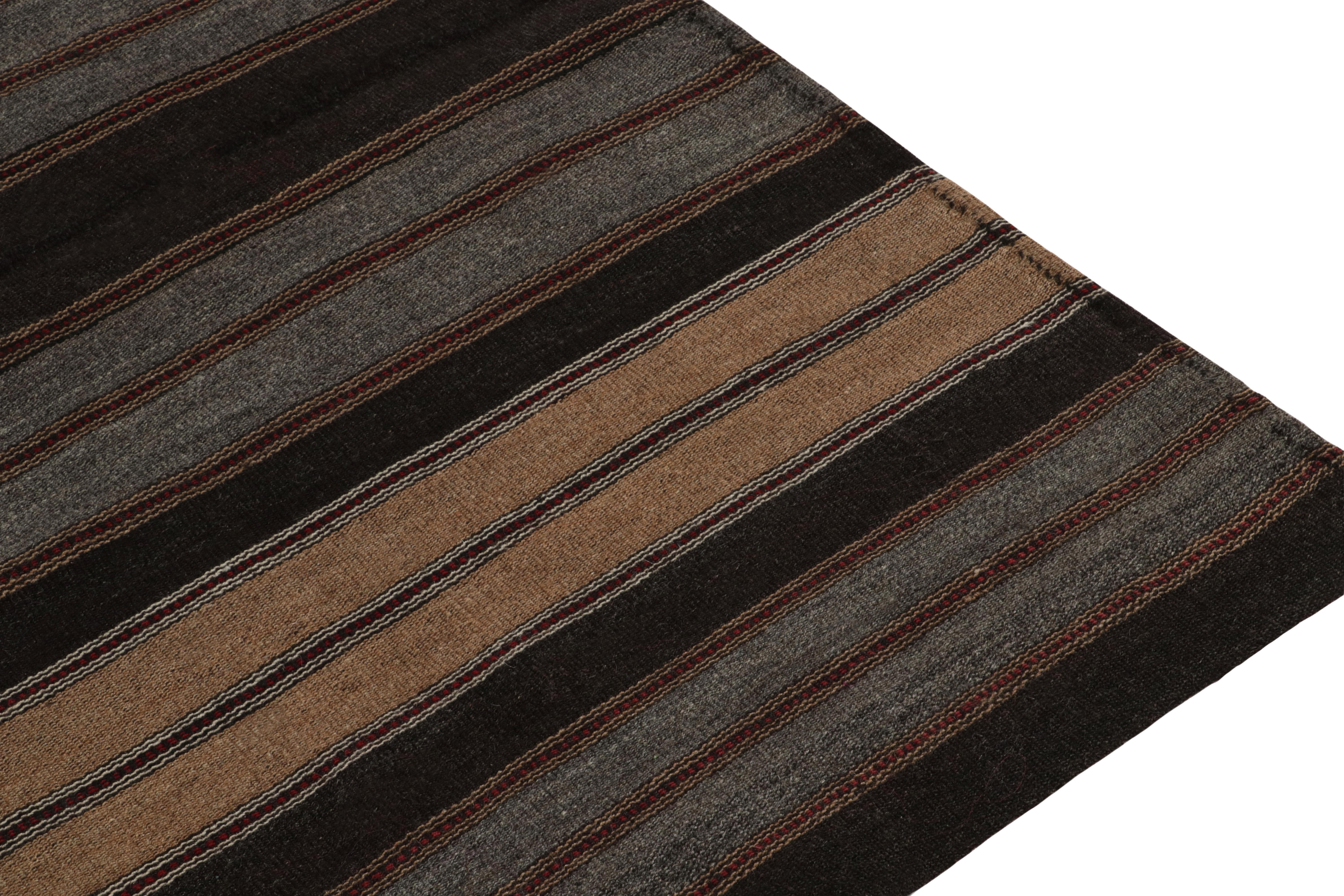 Turkish Vintage Kilim Rug in Brown, Beige and Blue Stripe Patterns by Rug & Kilim For Sale