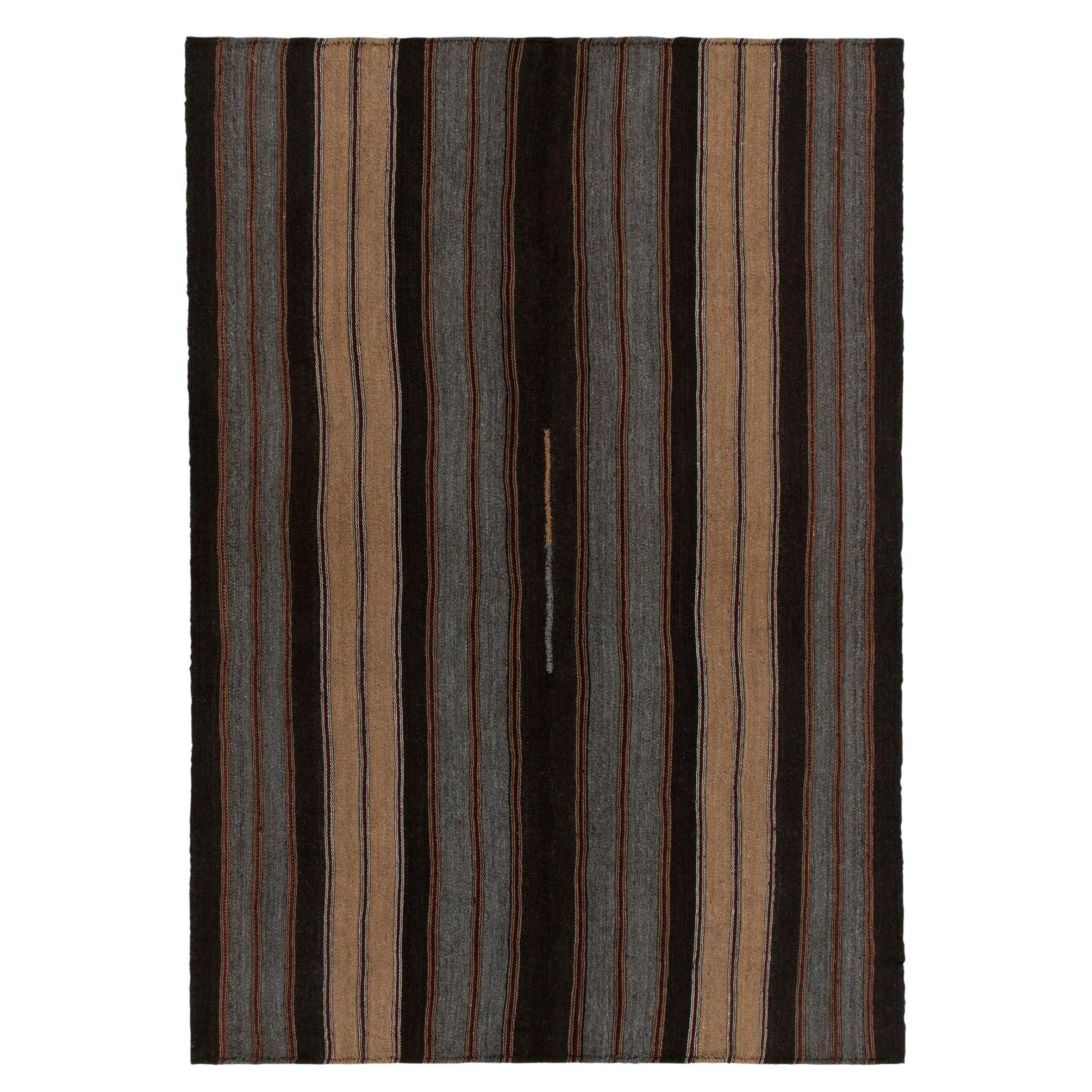 Vintage Kilim Rug in Brown, Beige and Blue Stripe Patterns by Rug & Kilim For Sale