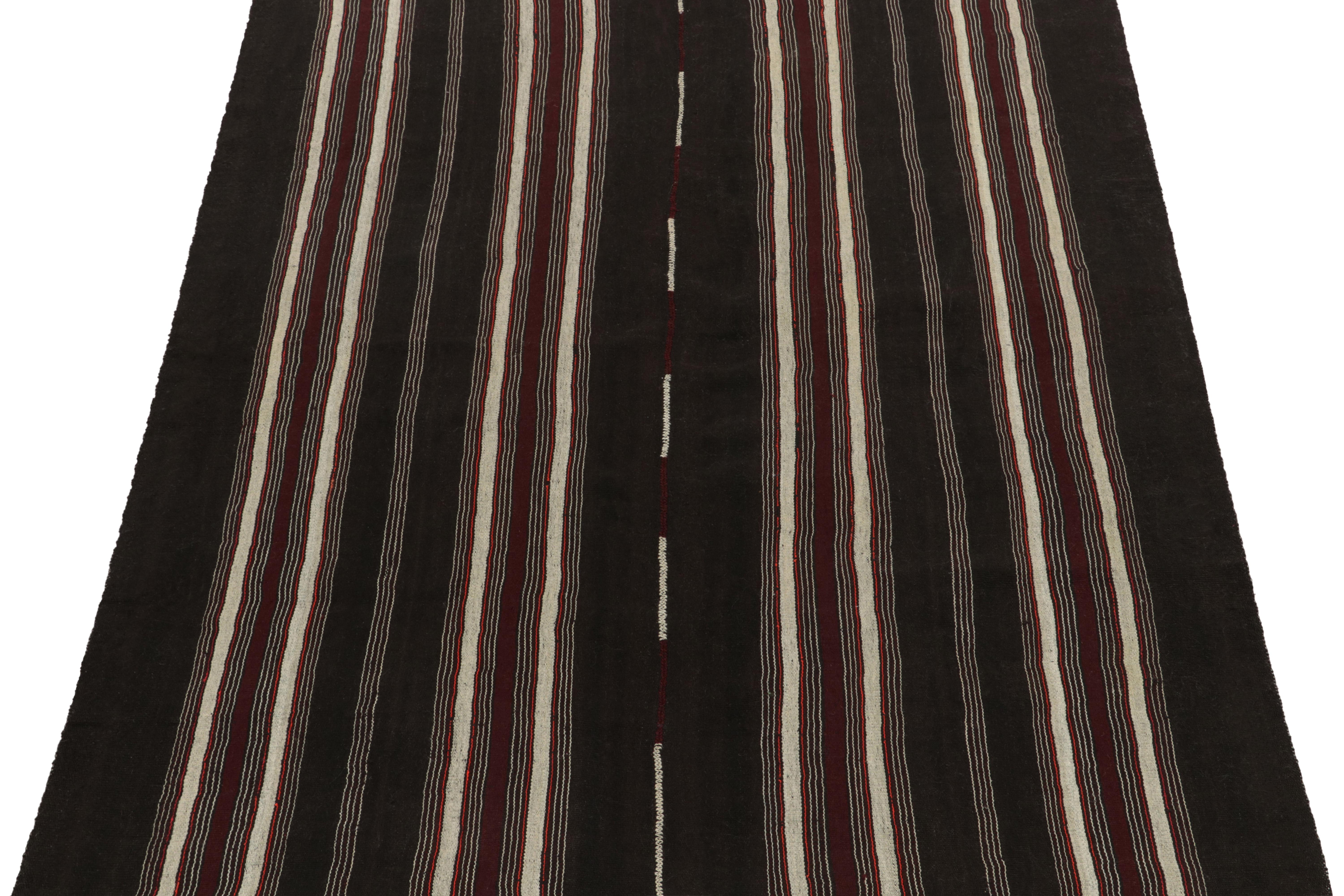 Turkish Vintage Kilim Rug in Deep Brown with Red & White Stripe Pattern by Rug & Kilim For Sale