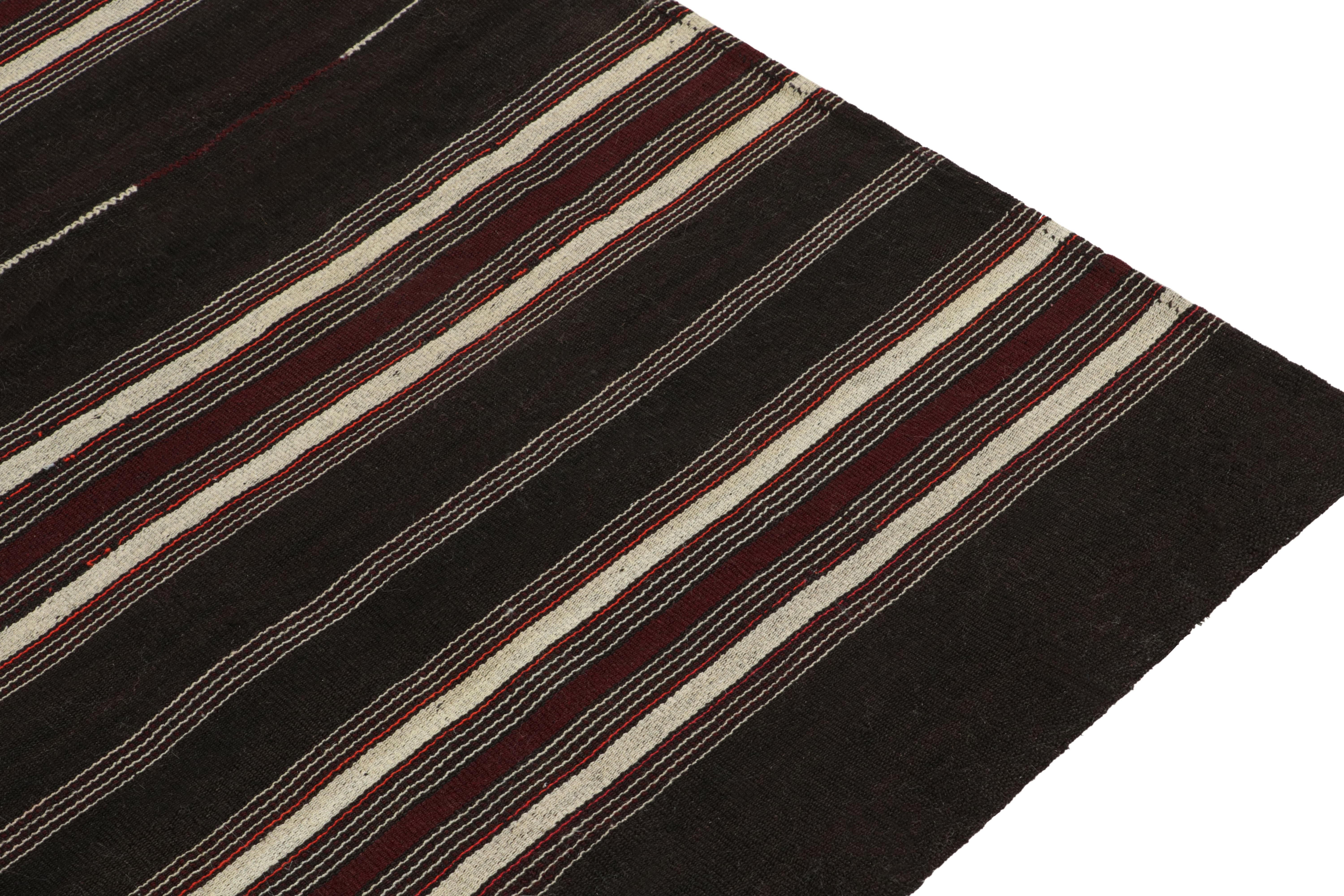 Vintage Kilim Rug in Deep Brown with Red & White Stripe Pattern by Rug & Kilim In Good Condition For Sale In Long Island City, NY