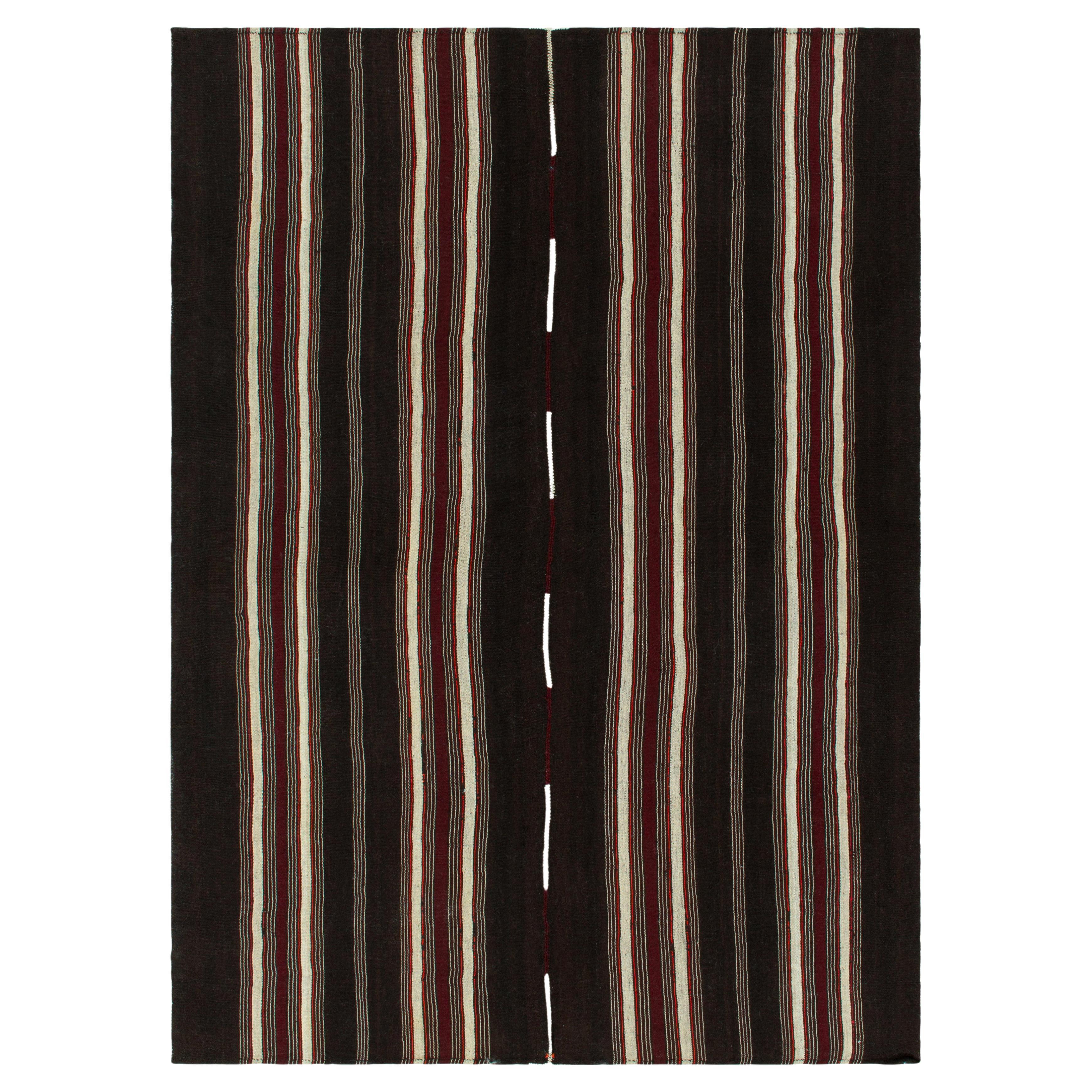 Vintage Kilim Rug in Deep Brown with Red & White Stripe Pattern by Rug & Kilim For Sale
