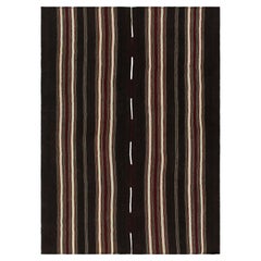 Vintage Kilim Rug in Deep Brown with Red, and White Stripe Patterns