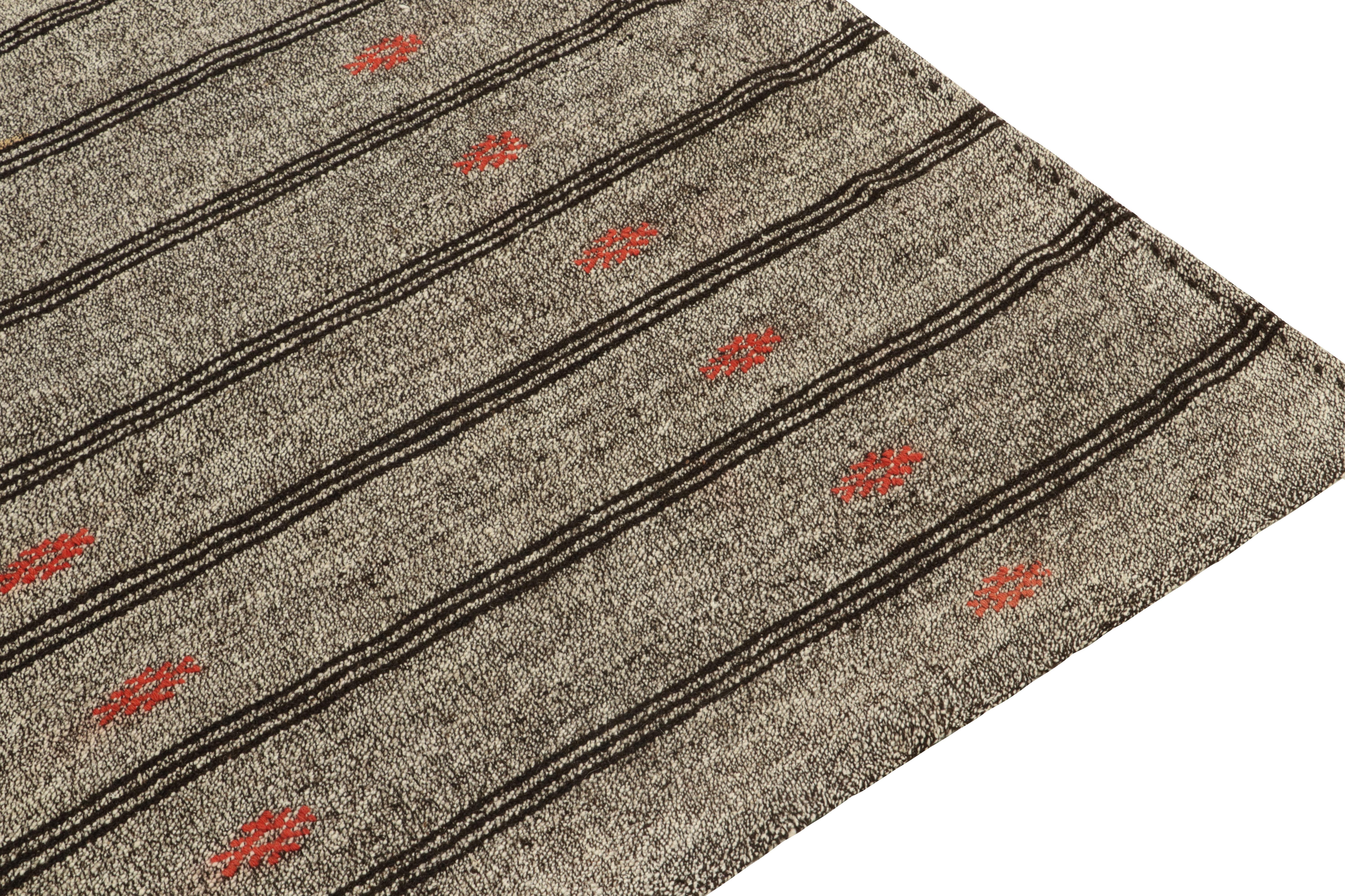 Hand-Knotted Vintage Kilim Rug in Gray with Black Stripes and Red Motifs by Rug & Kilim For Sale