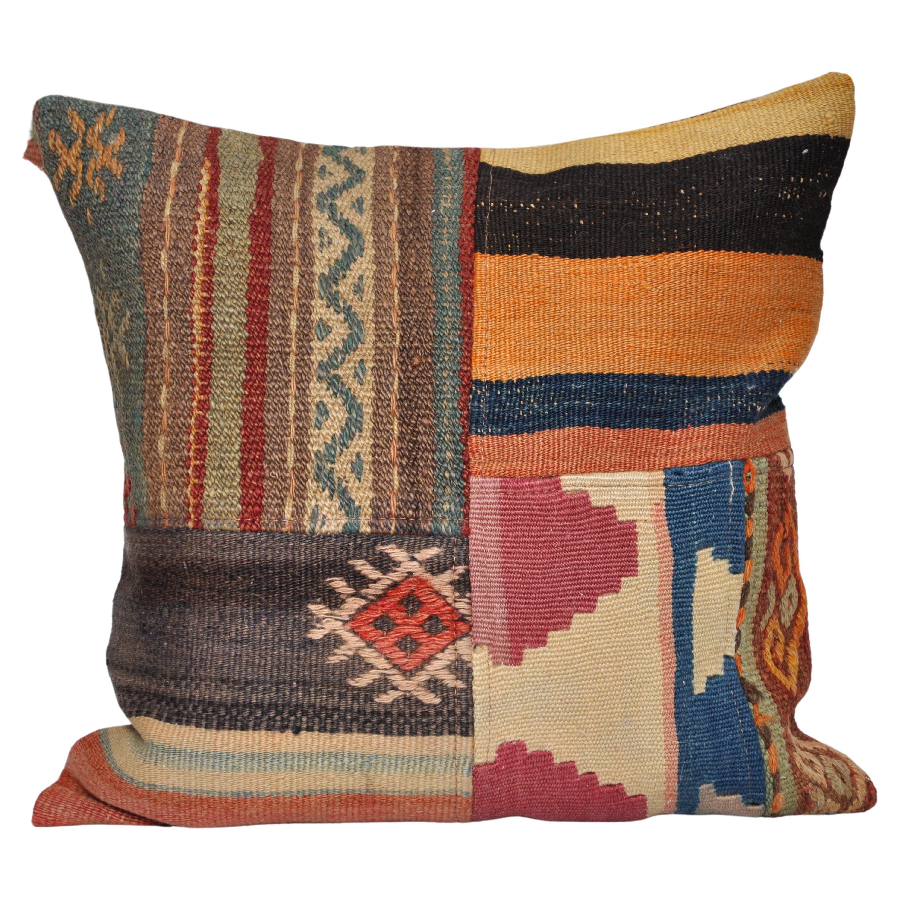 Bohemian Vintage Kilim Rug Patchwork Pillow with Irish Linen Cushion Red Yellow Black For Sale