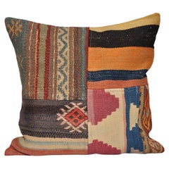 Used Kilim Rug Patchwork Pillow with Irish Linen Cushion Red Yellow Black