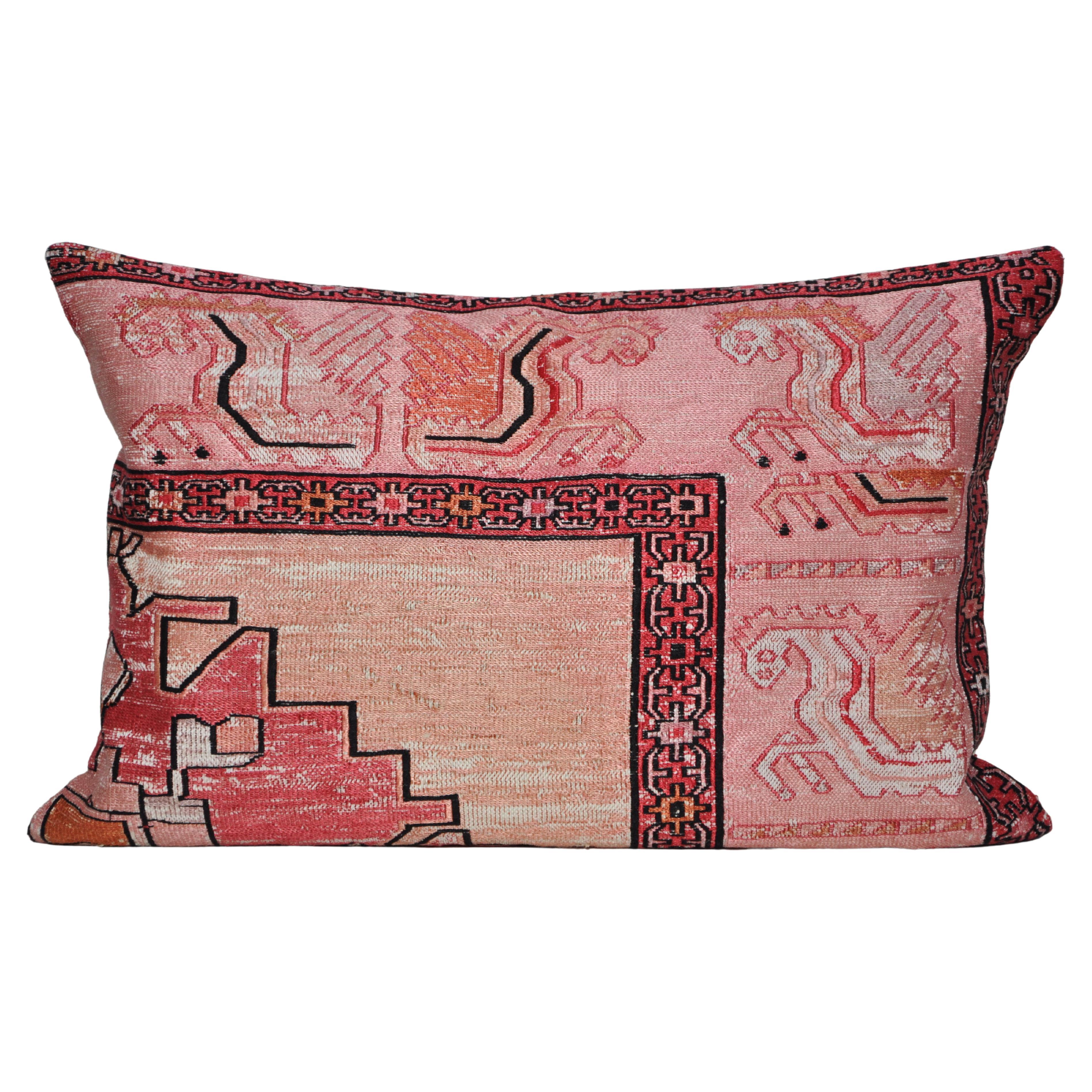 Vintage Kilim Rug Pillow with Irish Linen by Katie Larmour Couture Cushions Pink For Sale