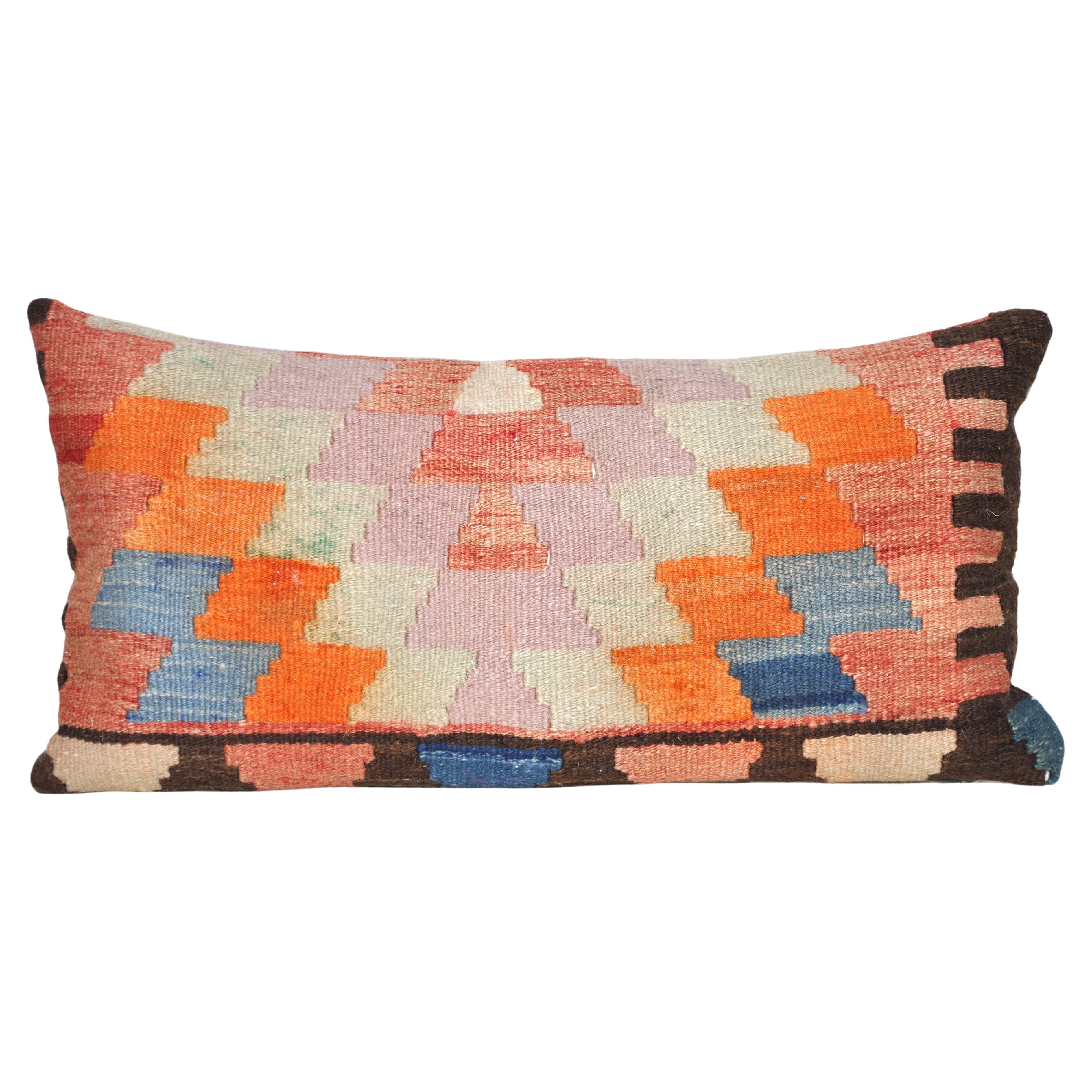 Vintage Kilim Rug Pillow with Irish Linen by Katie Larmour Cushions Orange Blue For Sale