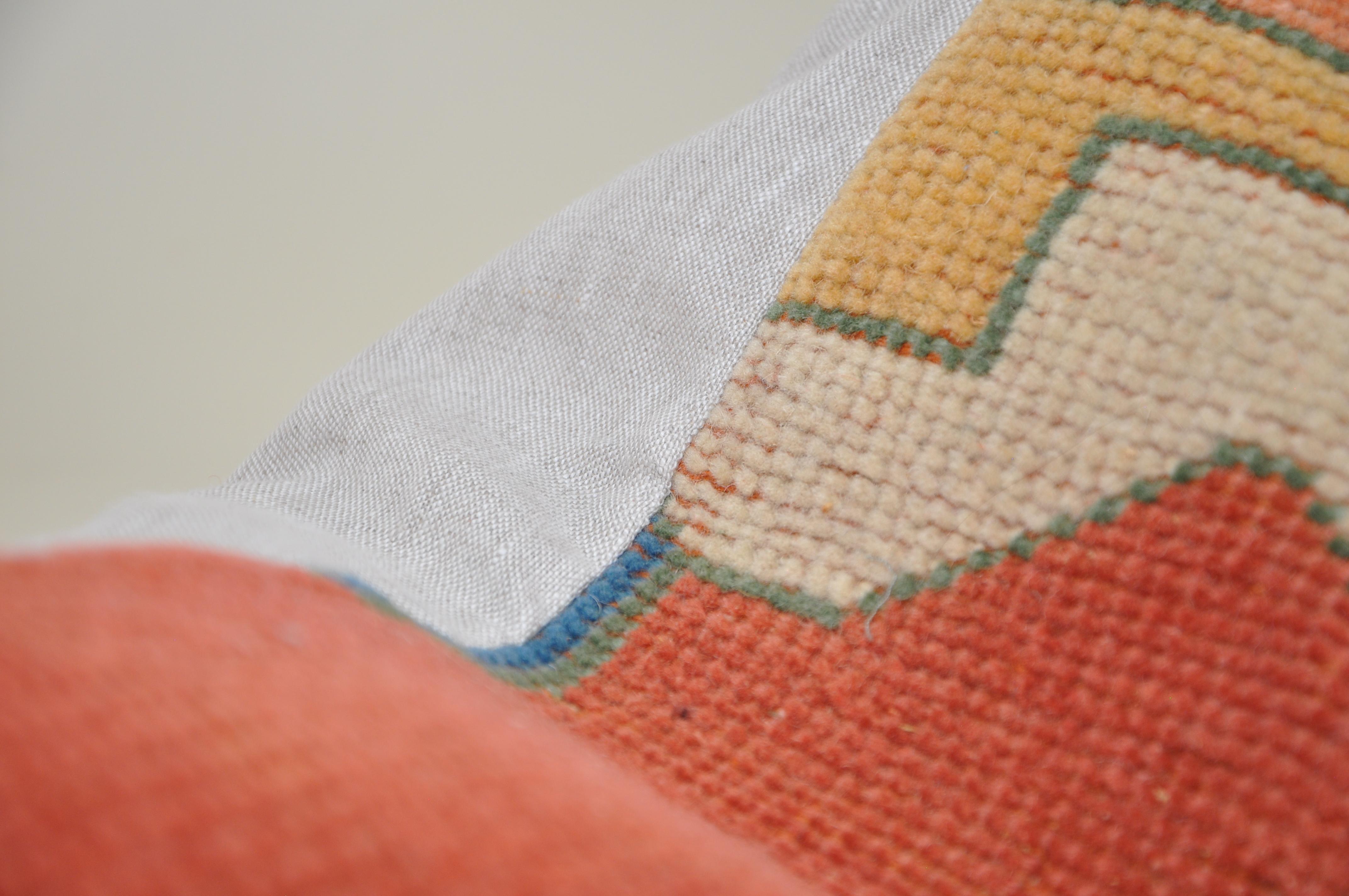 Bohemian Vintage Kilim Rug Pillow with Irish Linen by Katie Larmour Cushions Orange For Sale