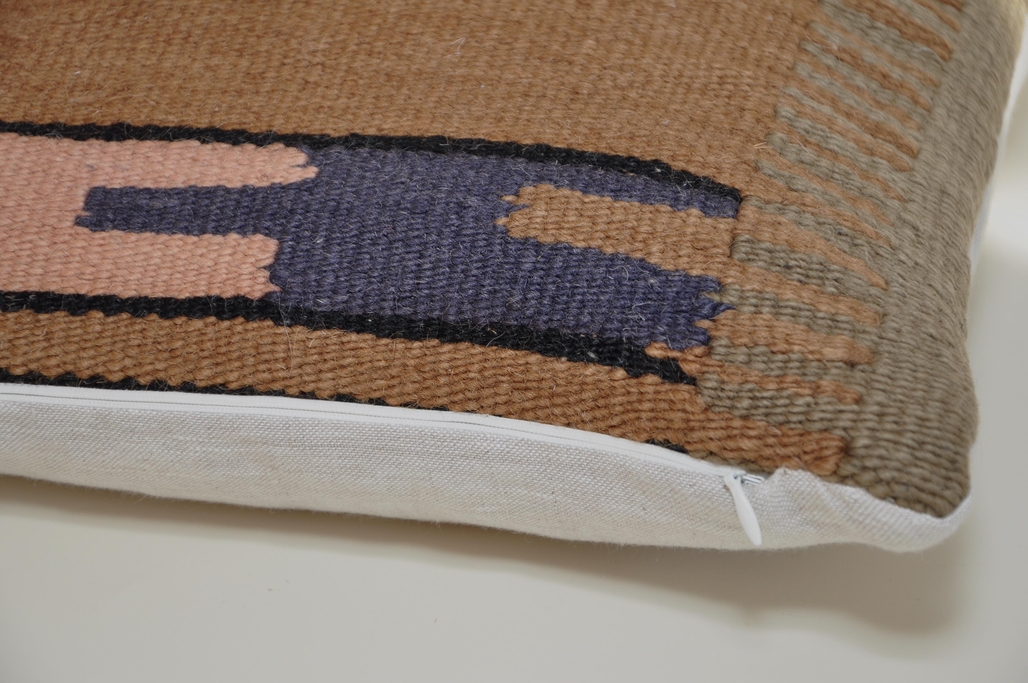 Bohemian Vintage Kilim Rug Pillow with Irish Linen by Katie Larmour Cushions Pink Blue For Sale