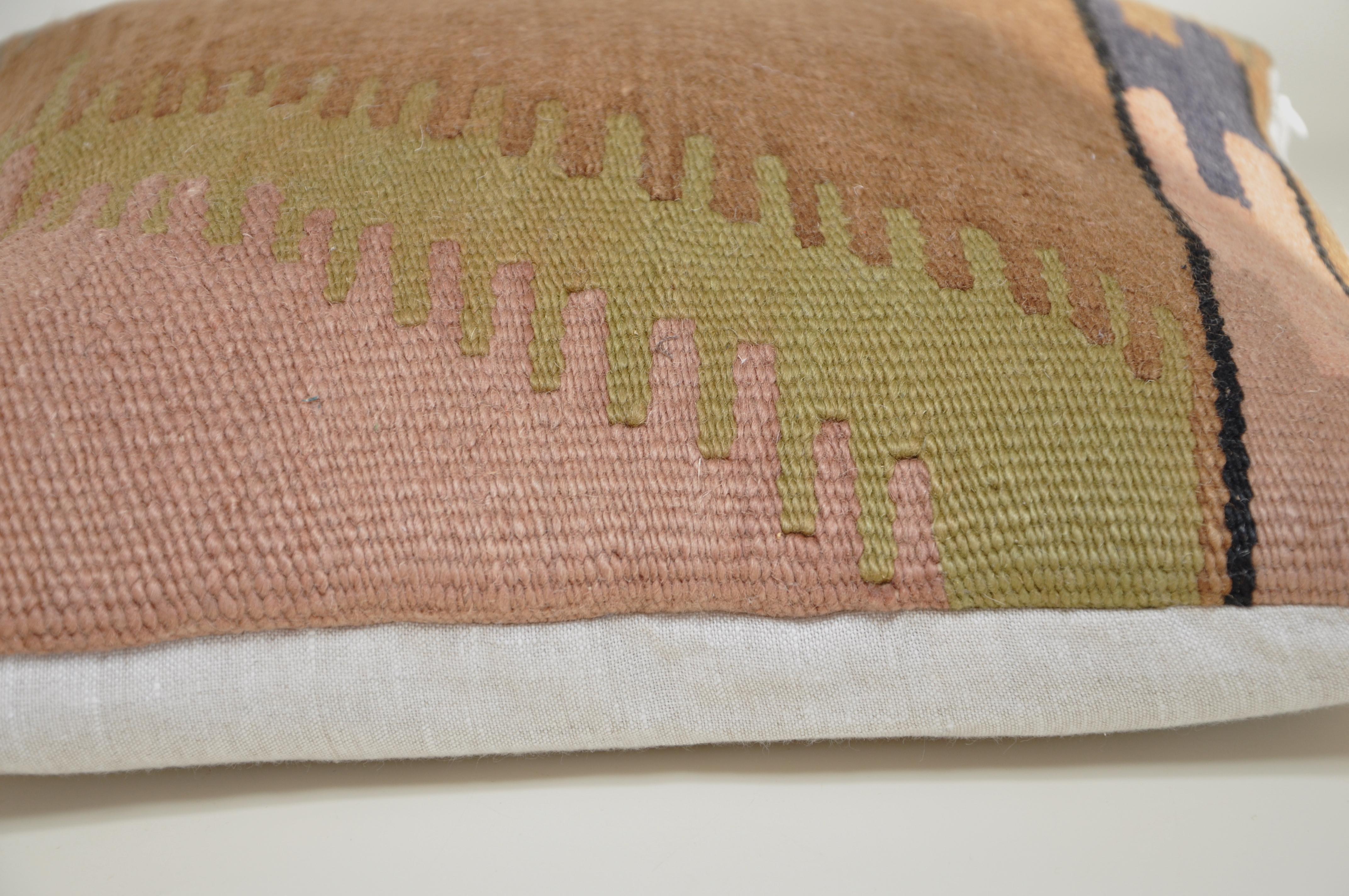 Northern Irish Vintage Kilim Rug Pillow with Irish Linen by Katie Larmour Cushions Pink Blue For Sale
