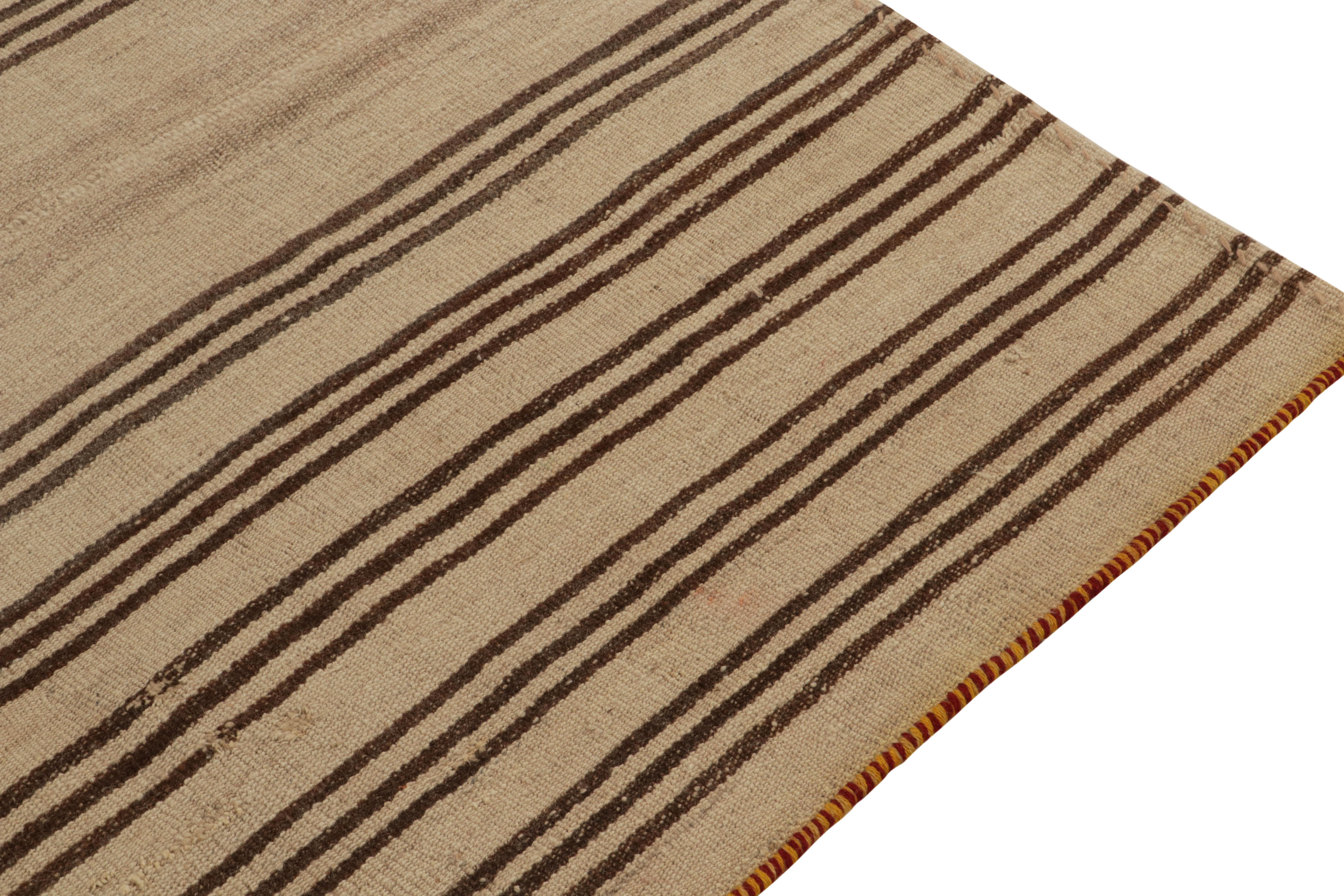 Hand-Woven Vintage Kilim rug with Beige-Brown Stripe Patterns, Panel-Woven by Rug & Kilim For Sale