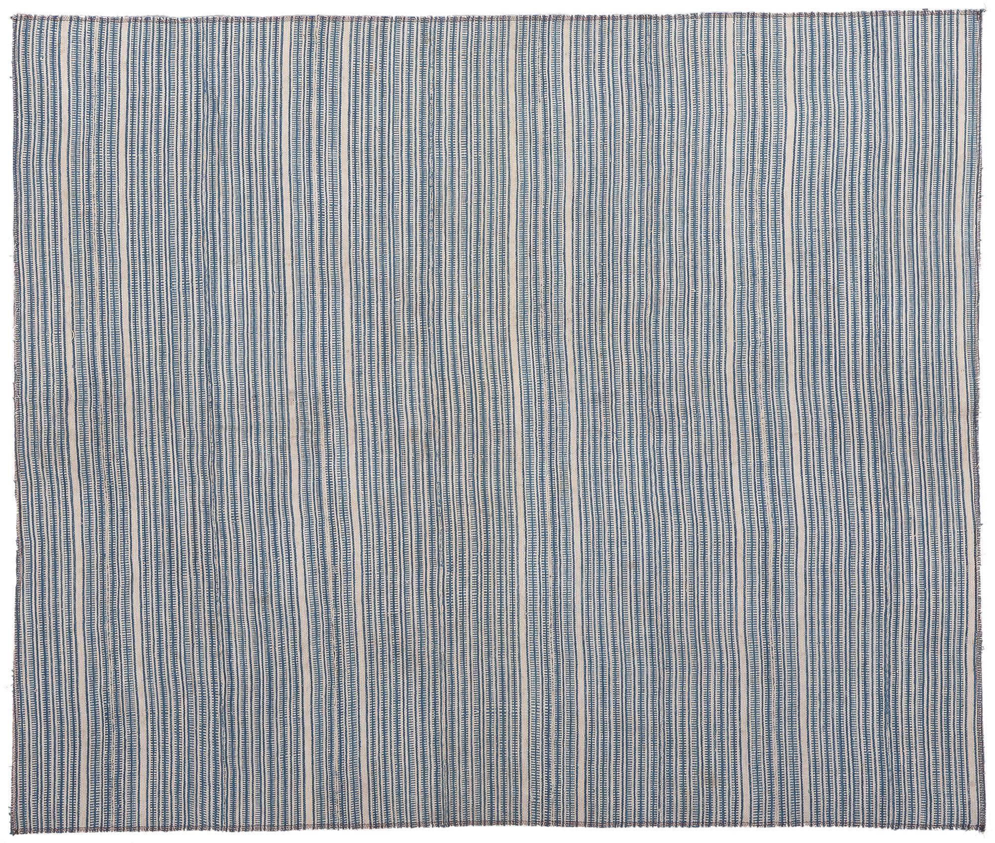 Blue and Ivory Crosshatch Stripe Kilim Rug, Casually Chic Coastal Style 2