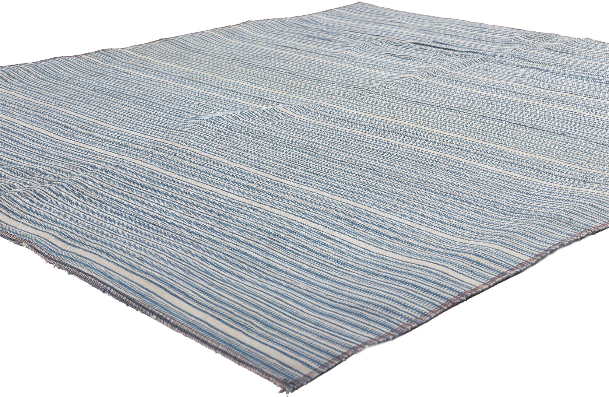 60813 Vintage Turkish Striped Kilim Rug with 05’00 x 06’00.
Crisp but relaxed, this handwoven vintage Turkish striped kilim rug was designed to be quaint, in addition to being functional. The distinctive crosshatch pattern and tranquil colorway