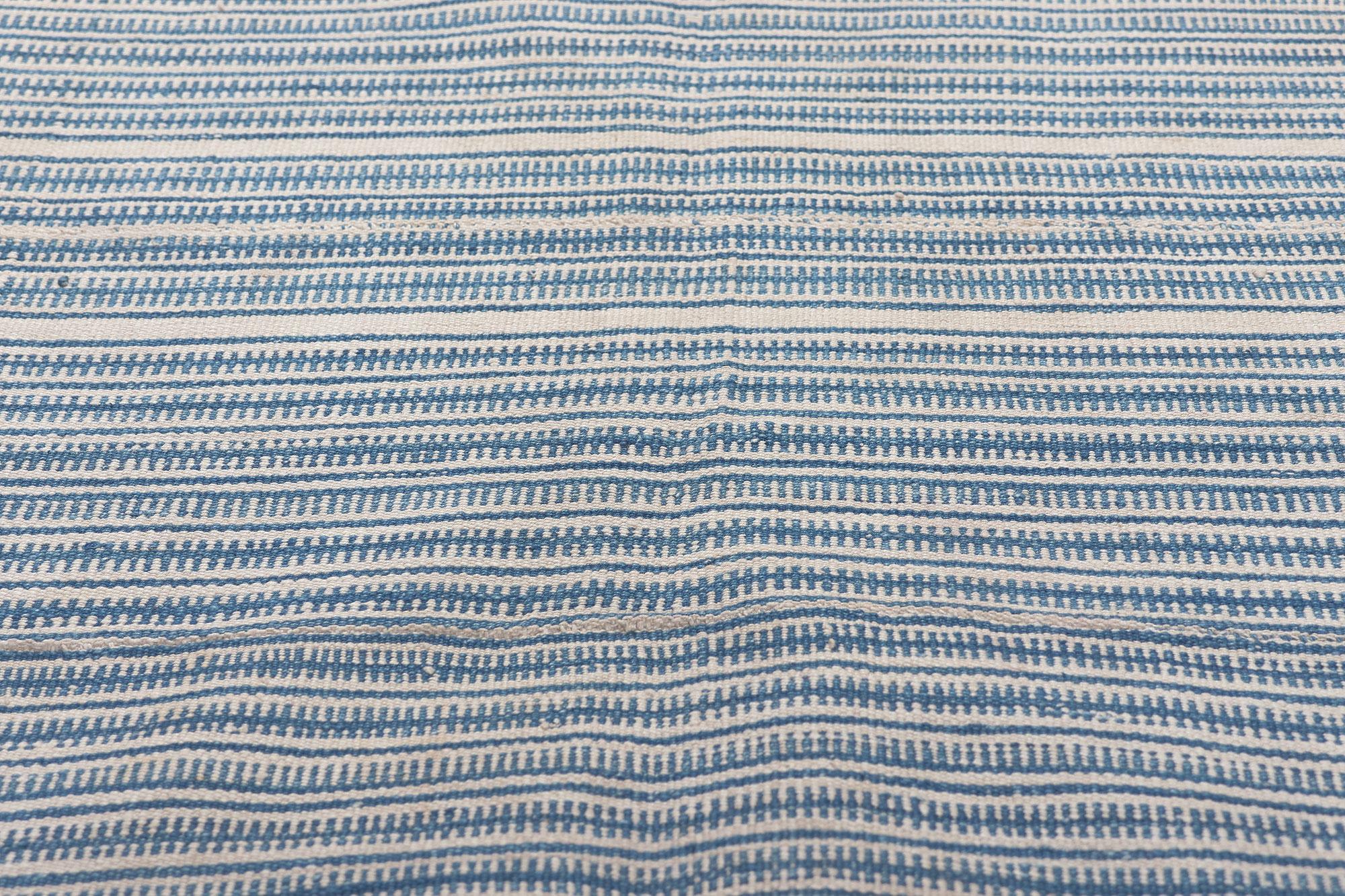 Turkish Blue and Ivory Crosshatch Stripe Kilim Rug, Casually Chic Coastal Style
