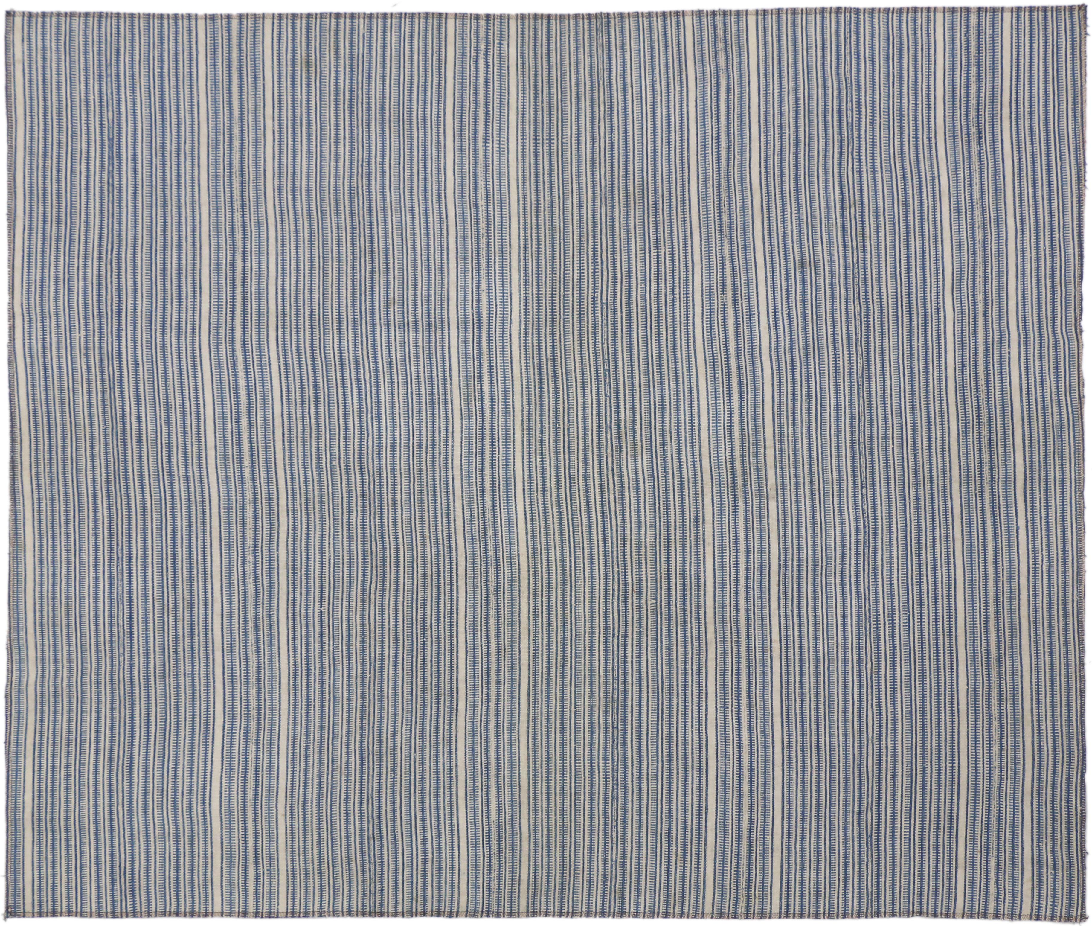 Blue and Ivory Crosshatch Stripe Kilim Rug, Casually Chic Coastal Style 3