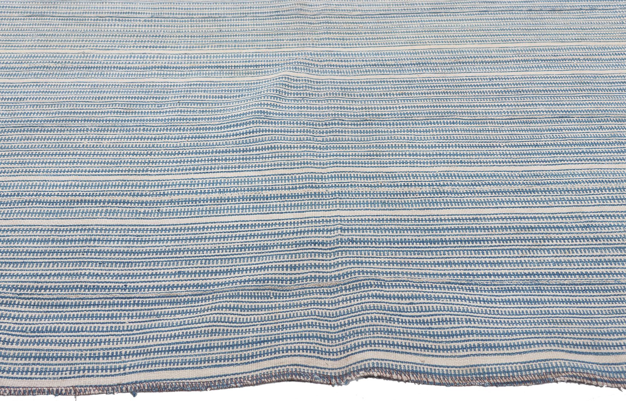Hand-Woven Blue and Ivory Crosshatch Stripe Kilim Rug, Casually Chic Coastal Style