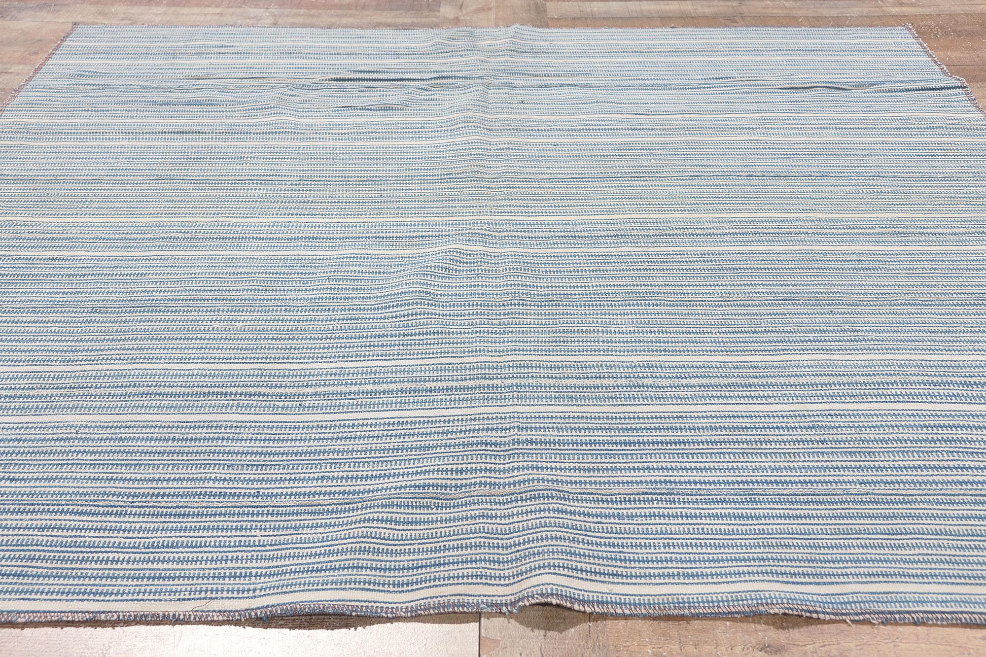 Wool Blue and Ivory Crosshatch Stripe Kilim Rug, Casually Chic Coastal Style