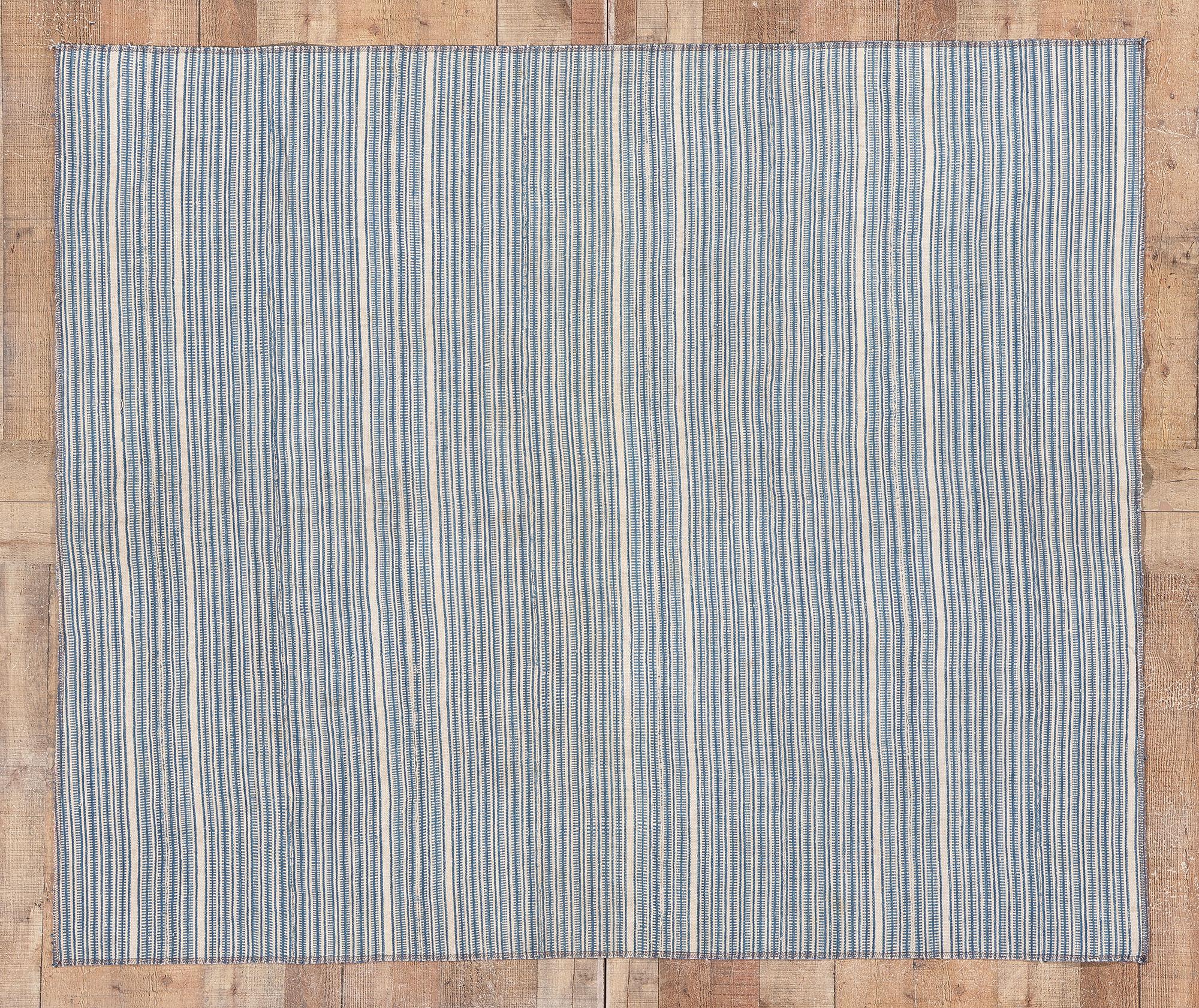 Blue and Ivory Crosshatch Stripe Kilim Rug, Casually Chic Coastal Style 1