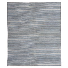 Blue and Ivory Crosshatch Stripe Kilim Rug, Casually Chic Coastal Style
