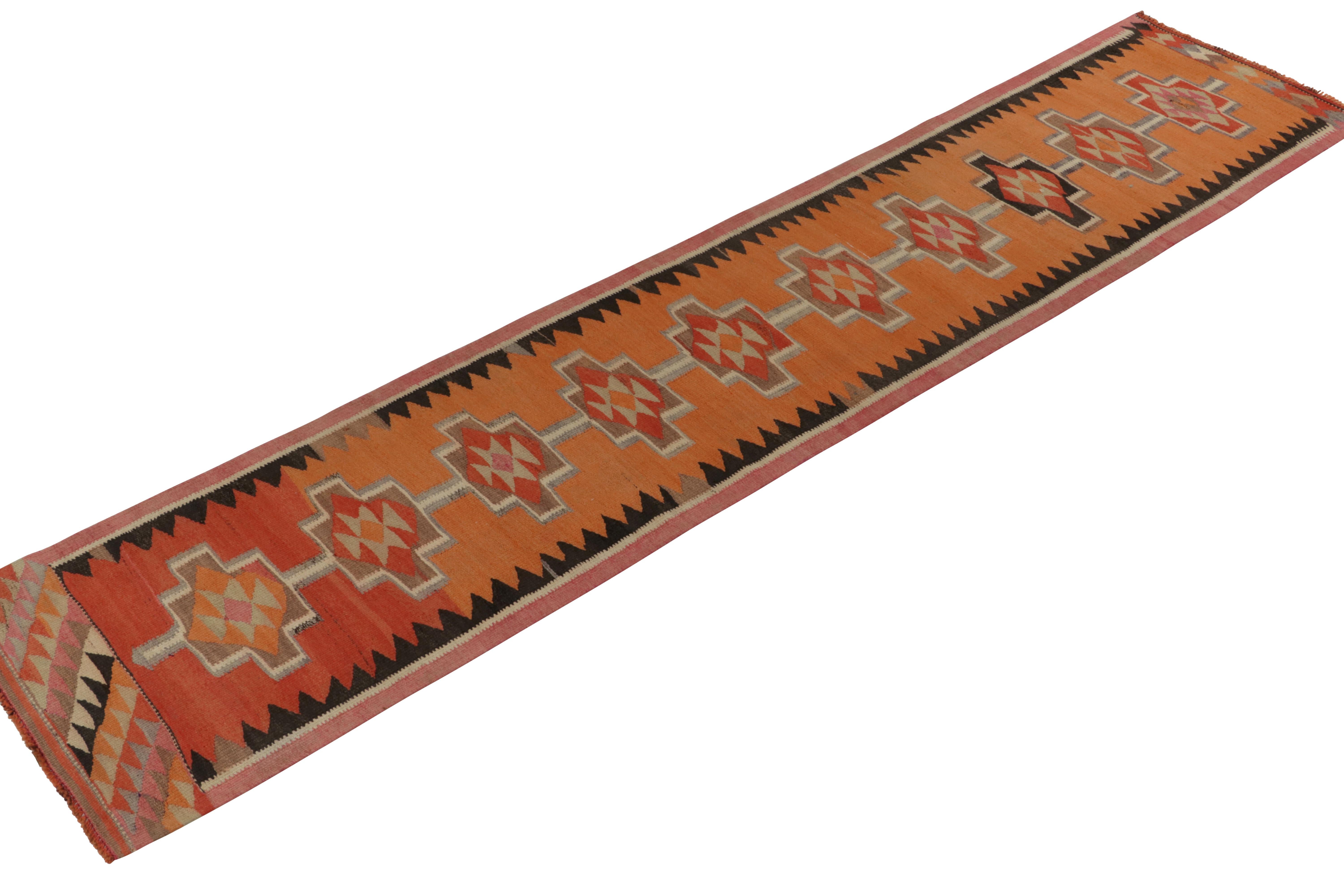 From R&K Principal Josh Nazmiyal’s discerning acquisitions, a distinguished vintage kilim runner originating from Turkey circa 1950-1960. 

On the Design: A series of tribal medallions enjoy arresting movement in the warmth & richness of orange,
