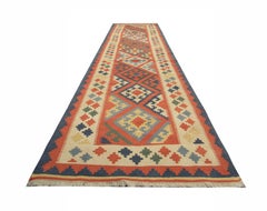 Handgewebter orientalischer orangefarbener Vintage-Woll-Teppich, Kelim-Läufer