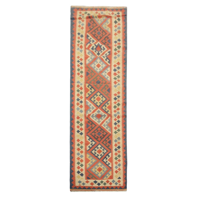 Vintage Kilim Runner Rug Handwoven Oriental Orange Wool Area Rug For