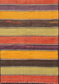Vintage Kilim Runner with Horizontal Stripes in Orange, Green, Purple, Red, Gold