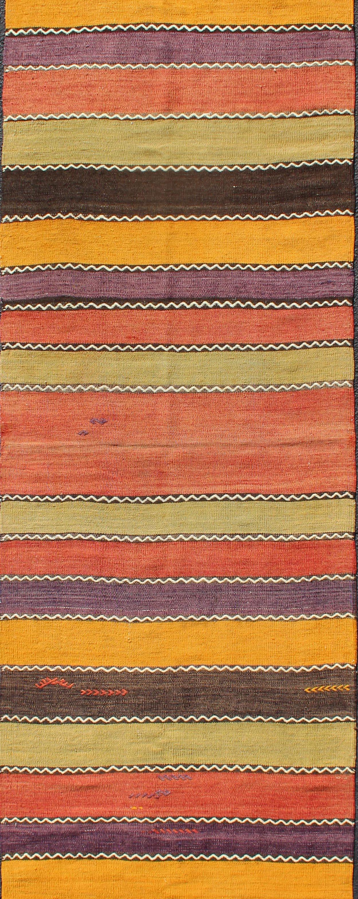 Turkish Vintage Kilim Runner with Horizontal Stripes in Orange, Green, Purple, Red, Gold