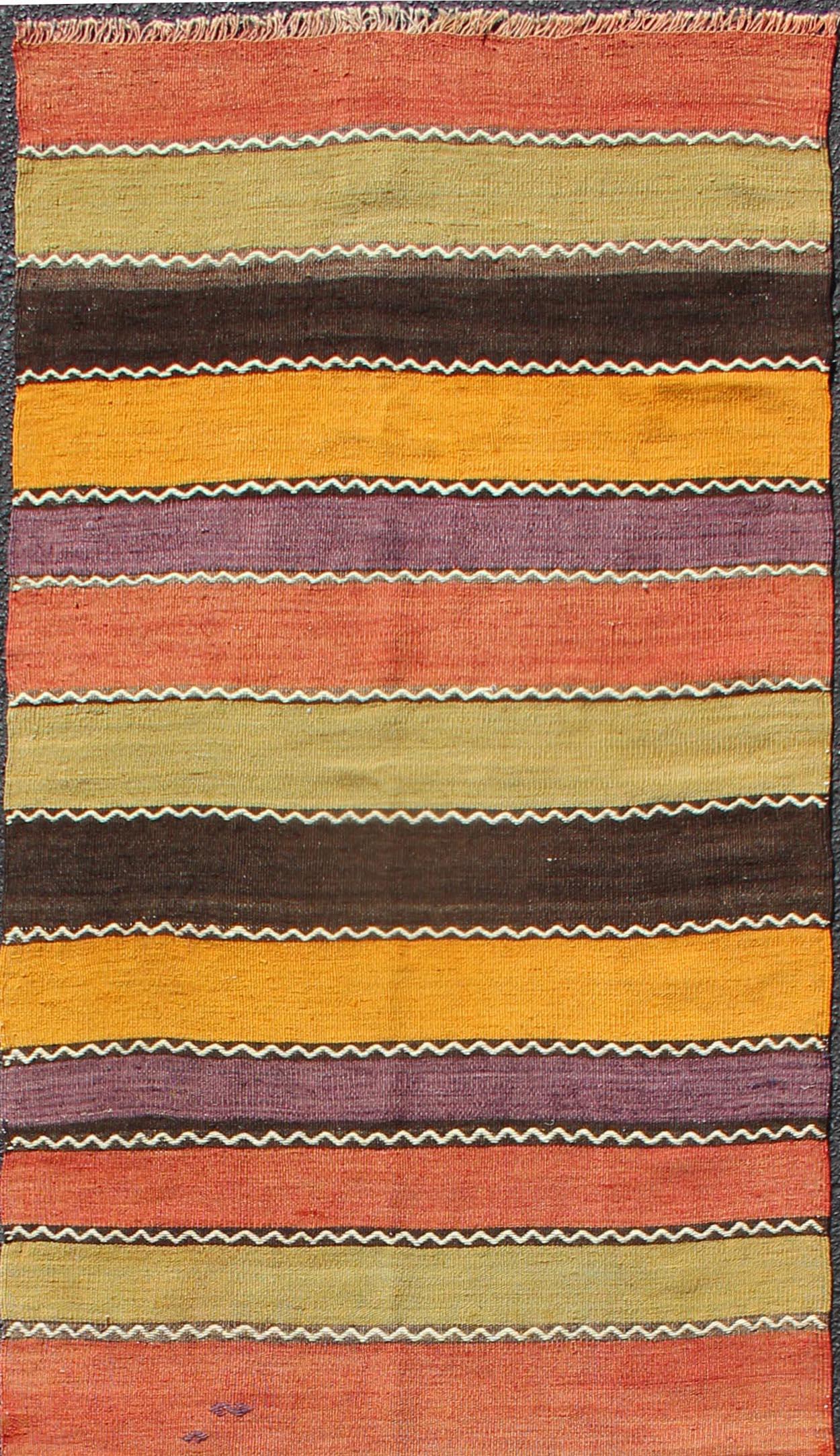 Hand-Woven Vintage Kilim Runner with Horizontal Stripes in Orange, Green, Purple, Red, Gold
