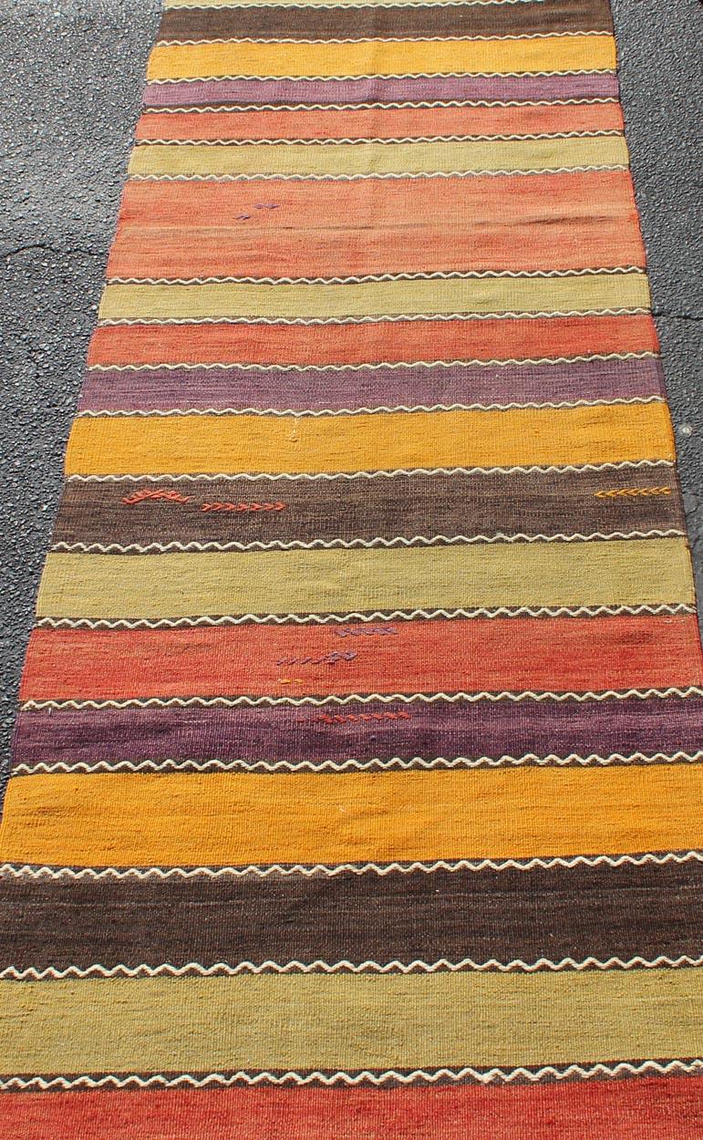 Vintage Kilim Runner with Horizontal Stripes in Orange, Green, Purple, Red, Gold In Good Condition In Atlanta, GA