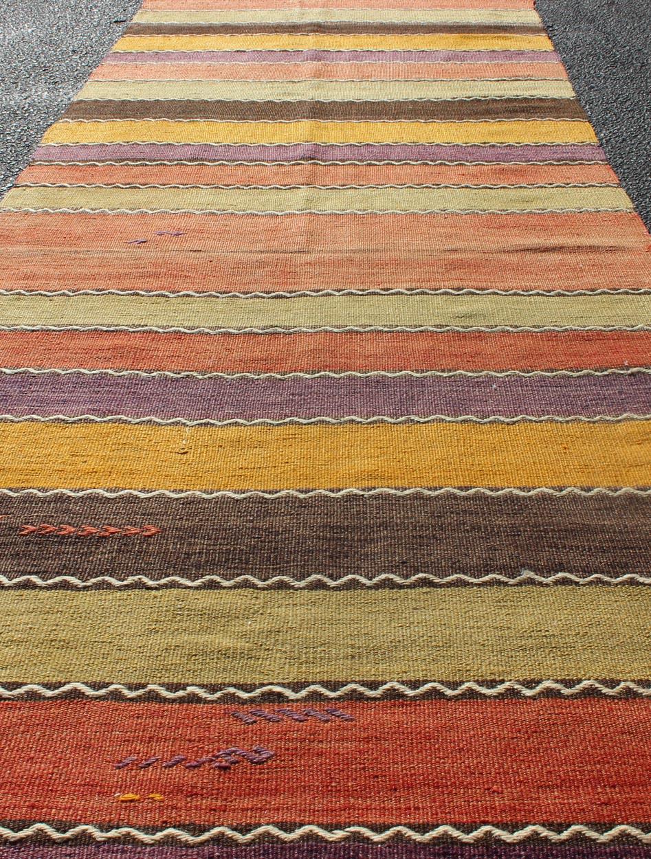 20th Century Vintage Kilim Runner with Horizontal Stripes in Orange, Green, Purple, Red, Gold