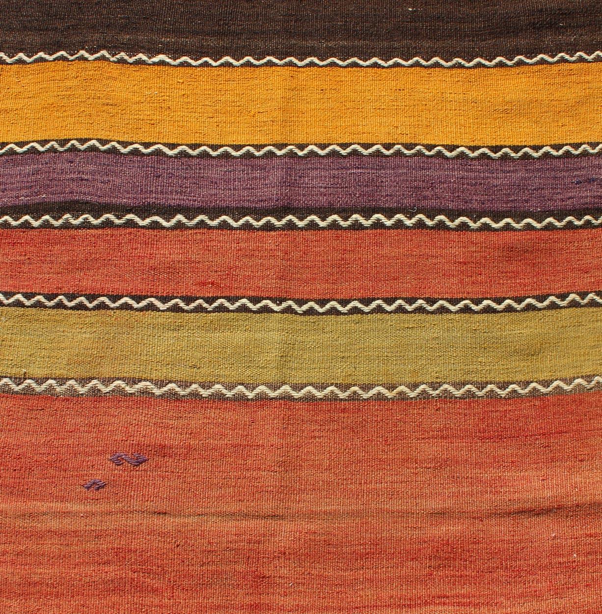 Wool Vintage Kilim Runner with Horizontal Stripes in Orange, Green, Purple, Red, Gold