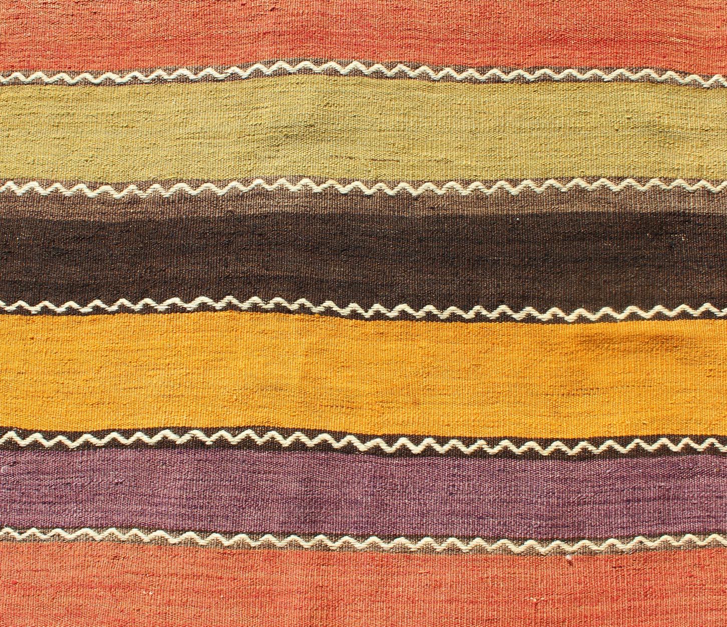 Vintage Kilim Runner with Horizontal Stripes in Orange, Green, Purple, Red, Gold 1