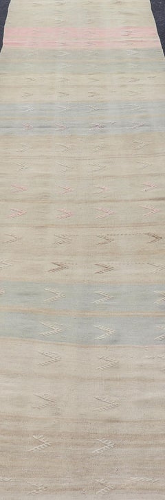 Vintage Kilim Runner with Stripes and Geometric Tribal Motifs in Light Tones
