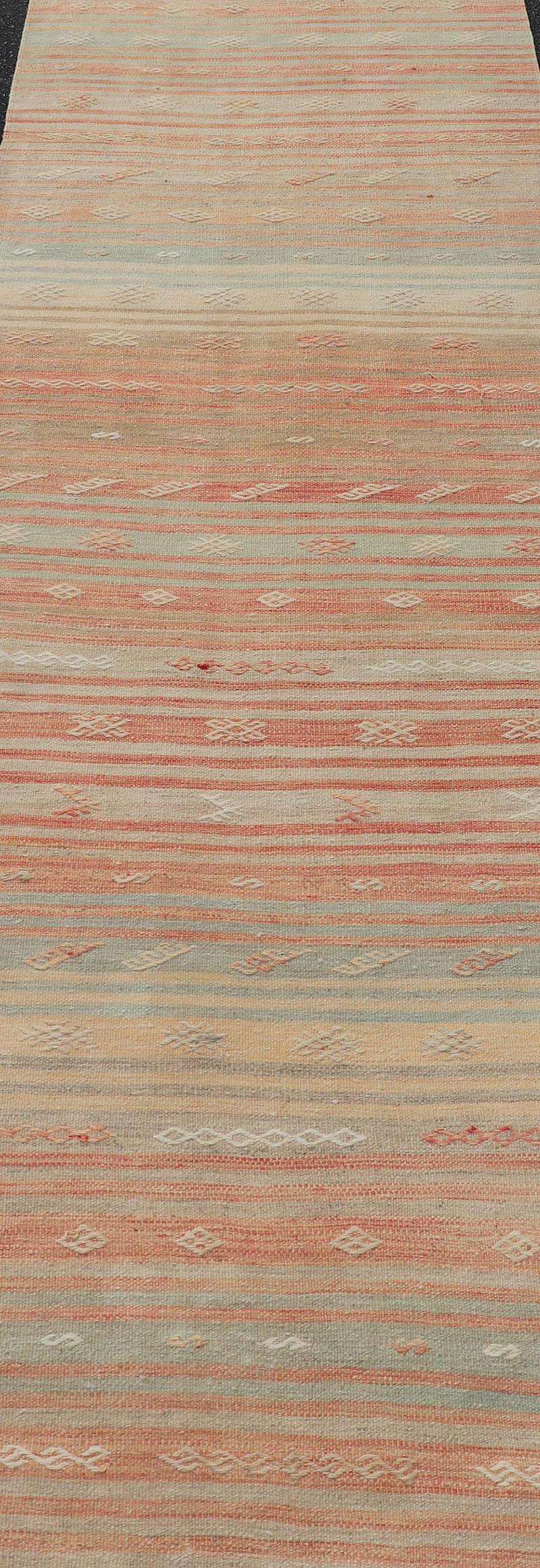Vintage Kilim Runner with Stripes and Geometric Tribal Motifs in Light Tones For Sale 1