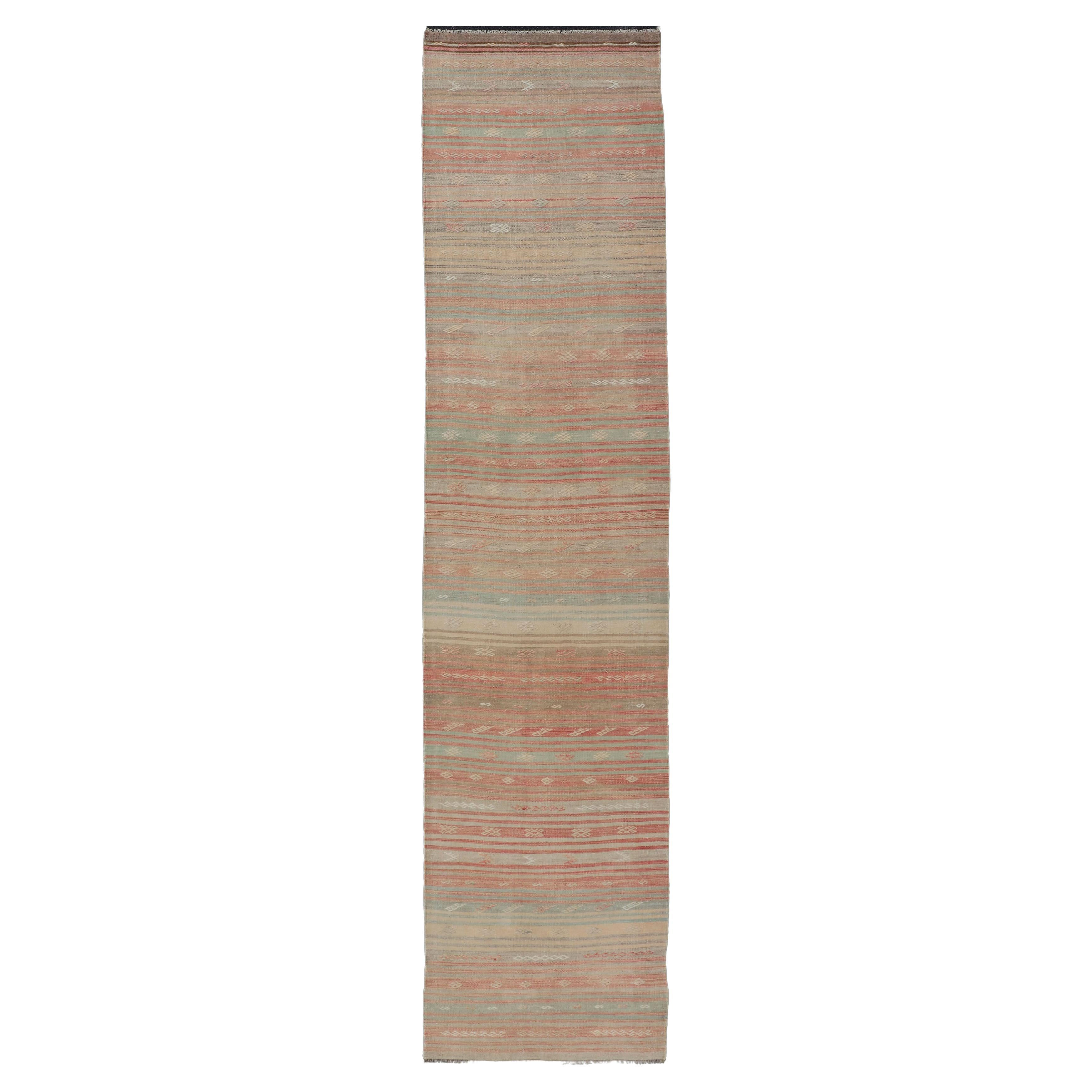 Vintage Kilim Runner with Stripes and Geometric Tribal Motifs in Light Tones