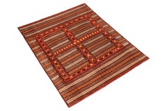 Vintage Kilim Striped Beige-Brown Orange Embroidery Angora Wool by Rug & Kilim