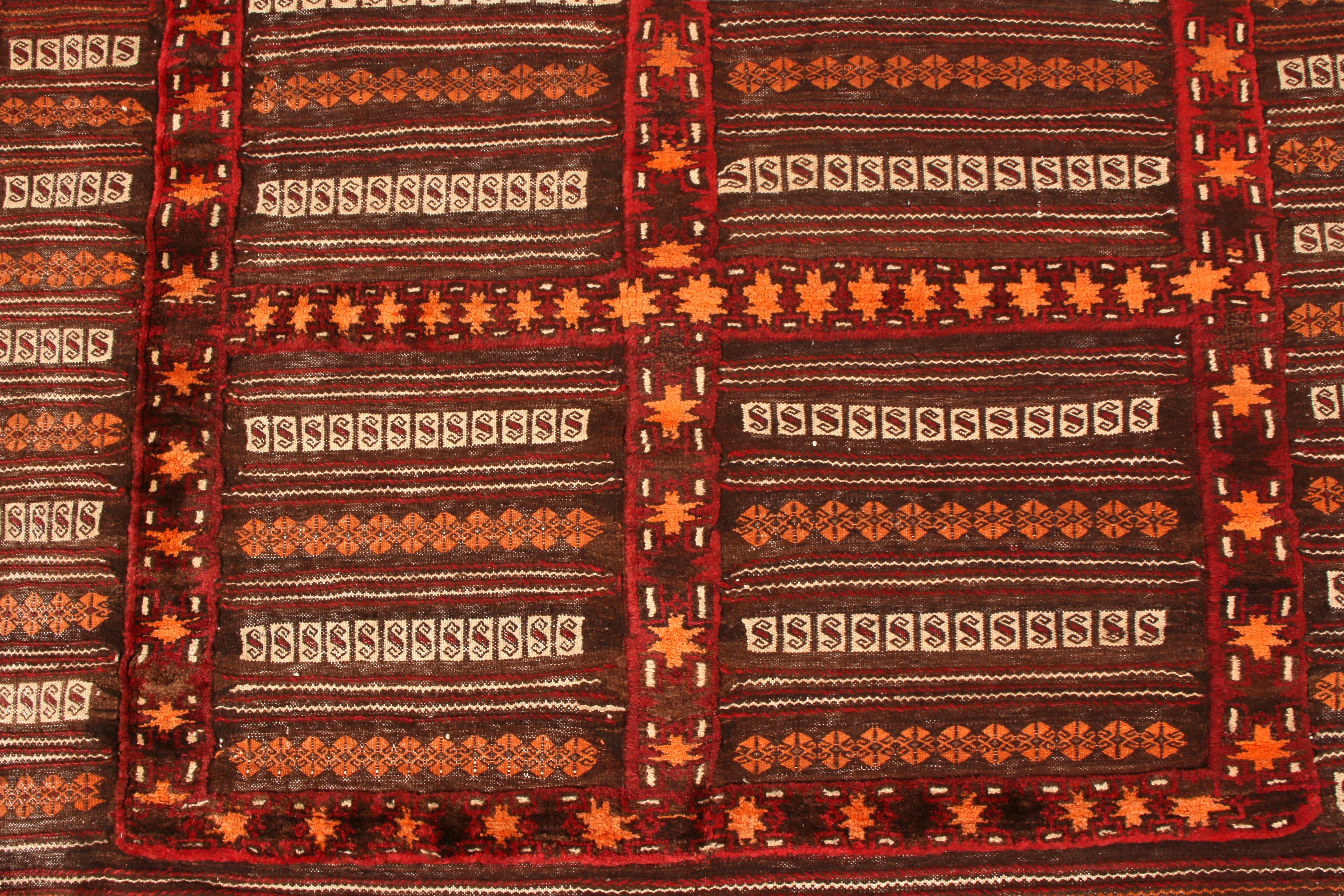 Afghan Vintage Kilim Striped Beige-Brown Orange Embroidery Angora Wool by Rug & Kilim For Sale