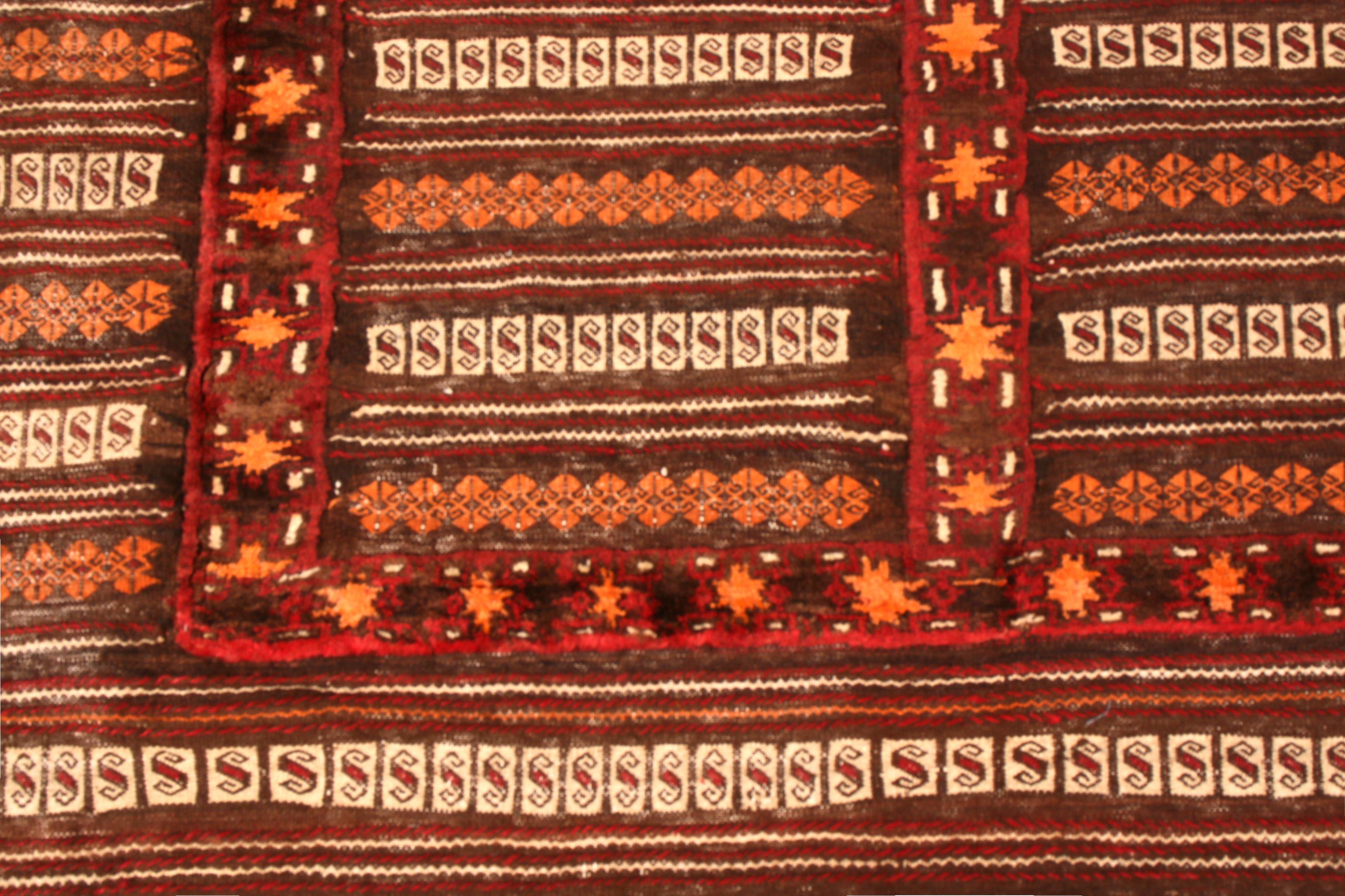 Hand-Woven Vintage Kilim Striped Beige-Brown Orange Embroidery Angora Wool by Rug & Kilim For Sale